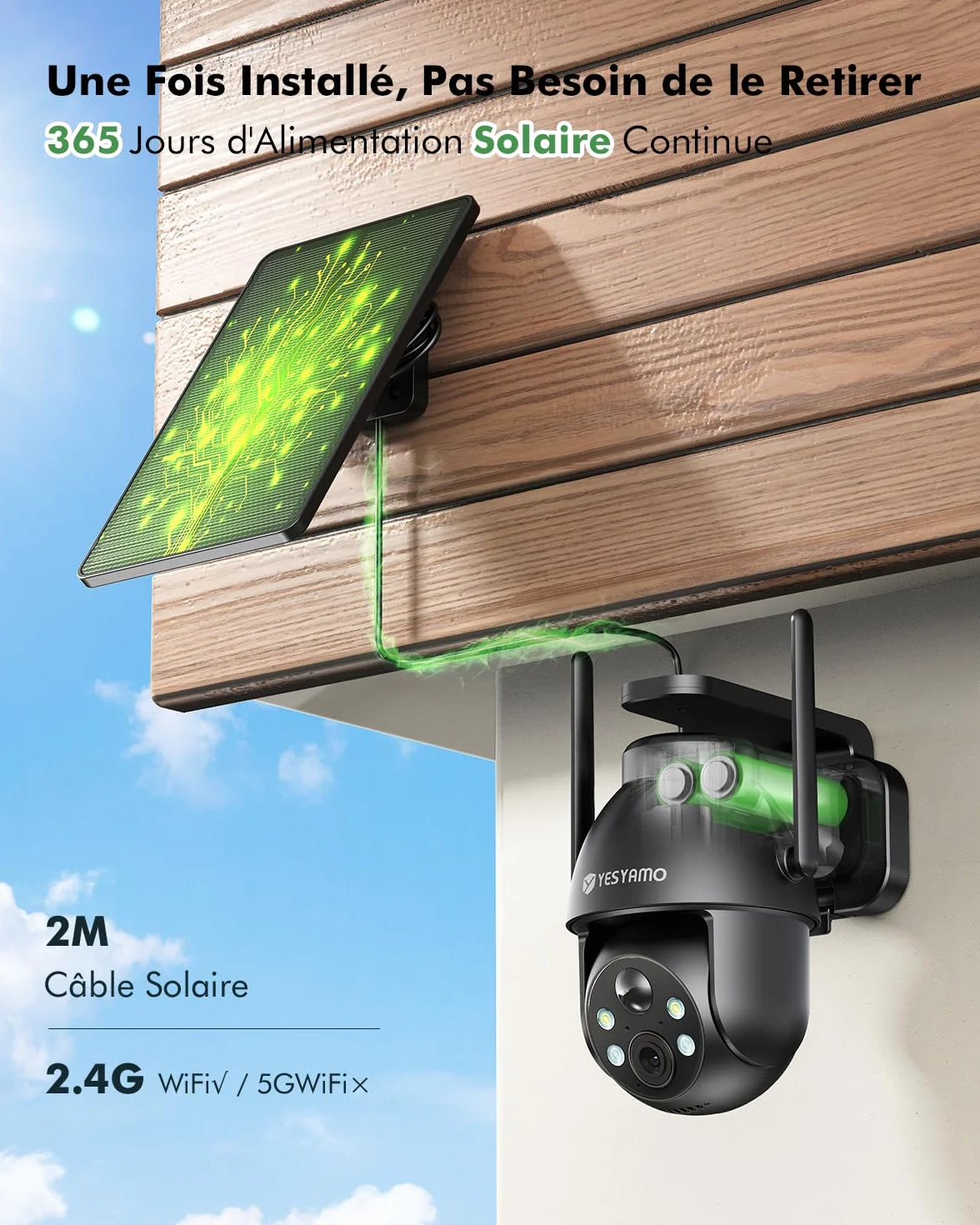 YESYAMO 2K Camera Surveillance WiFi Exterieure sans Fil Solaire, Panneau Solaire, 355° PTZ, Vision Nocturne Couleur, Audio Bidirectionnel, PIR Sirène Noir