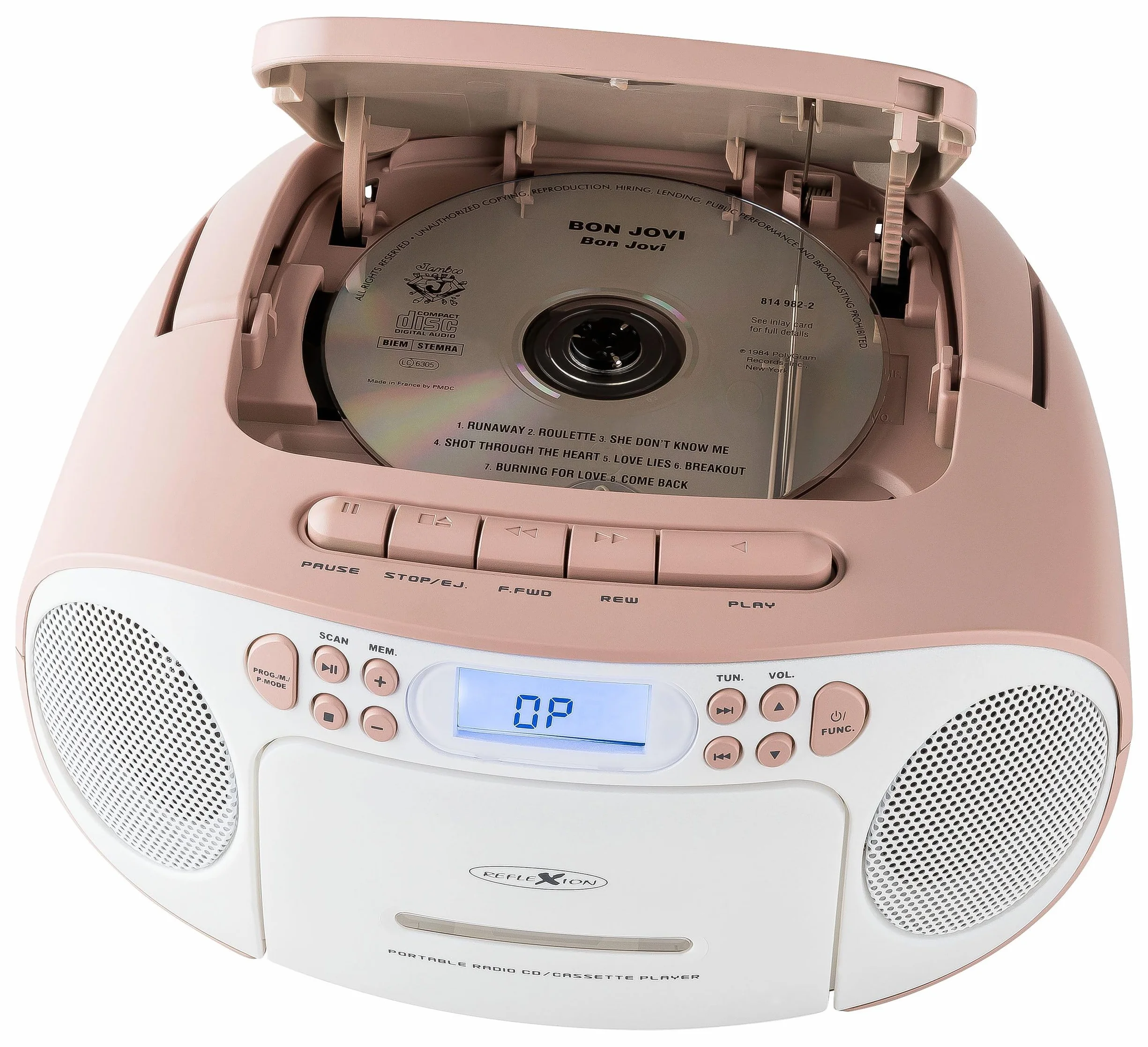 Reflexion RCR2260 Lecteur CD Cassette Radio FM PLL écran LCD AUX Prise Casque Blanc Rose