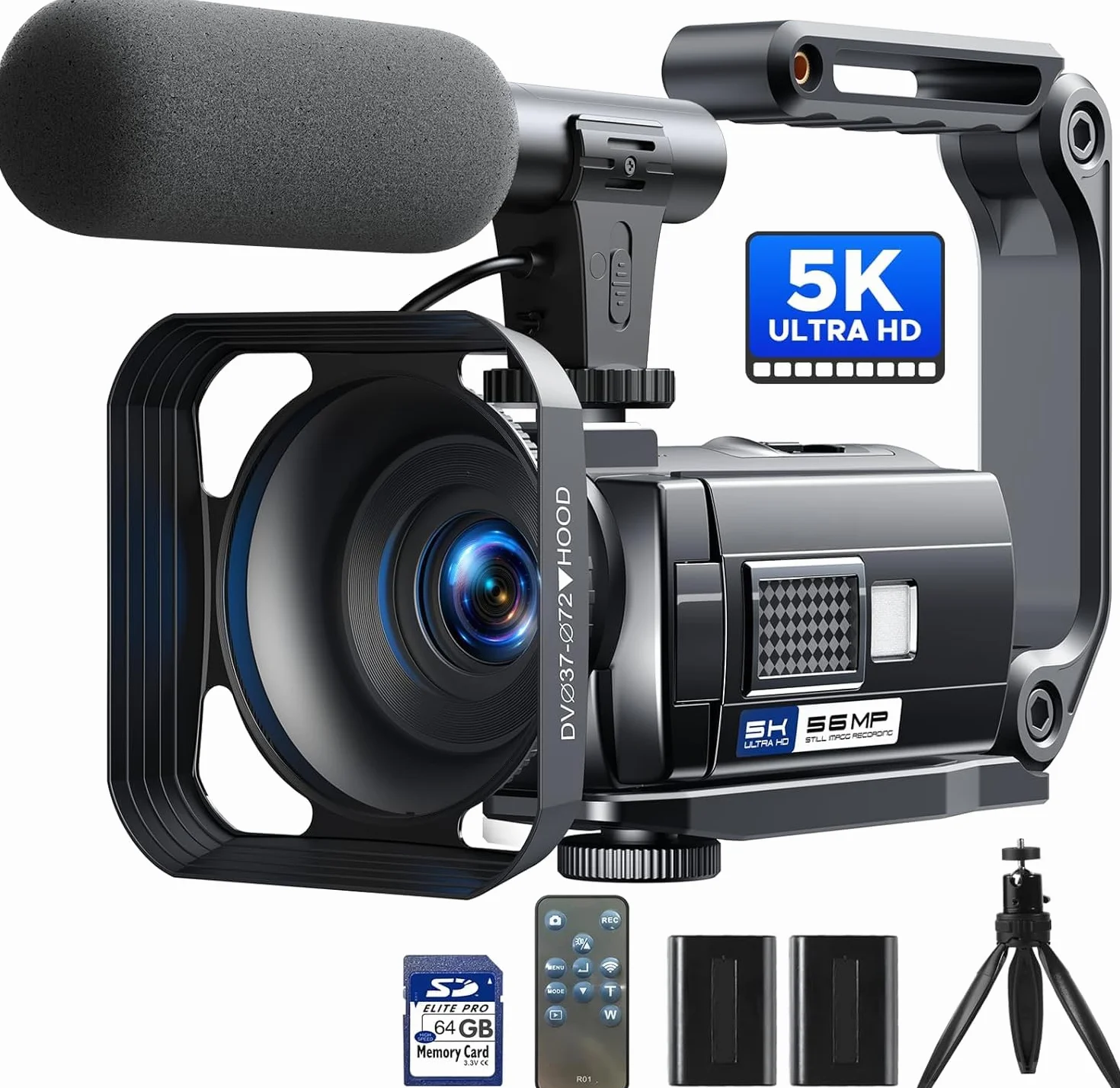 Caméscope 5K 56MP Vidéocaméra YouTube avec Microphone Trépied Stabilisateur, Vision Nocturne WiFi, Zoom 16X, Carte SD 64GB, 2 Batteries