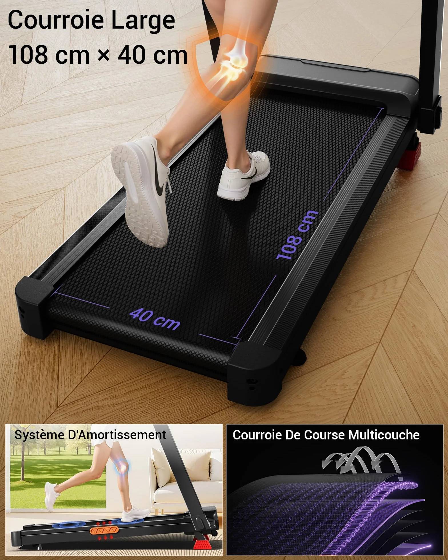 UMAY Tapis de Course avec Inclinaison Automatique 20%, 14KM/H Pliable 3,5CV Treadmill Home Affichage LED Charge Max 180KG