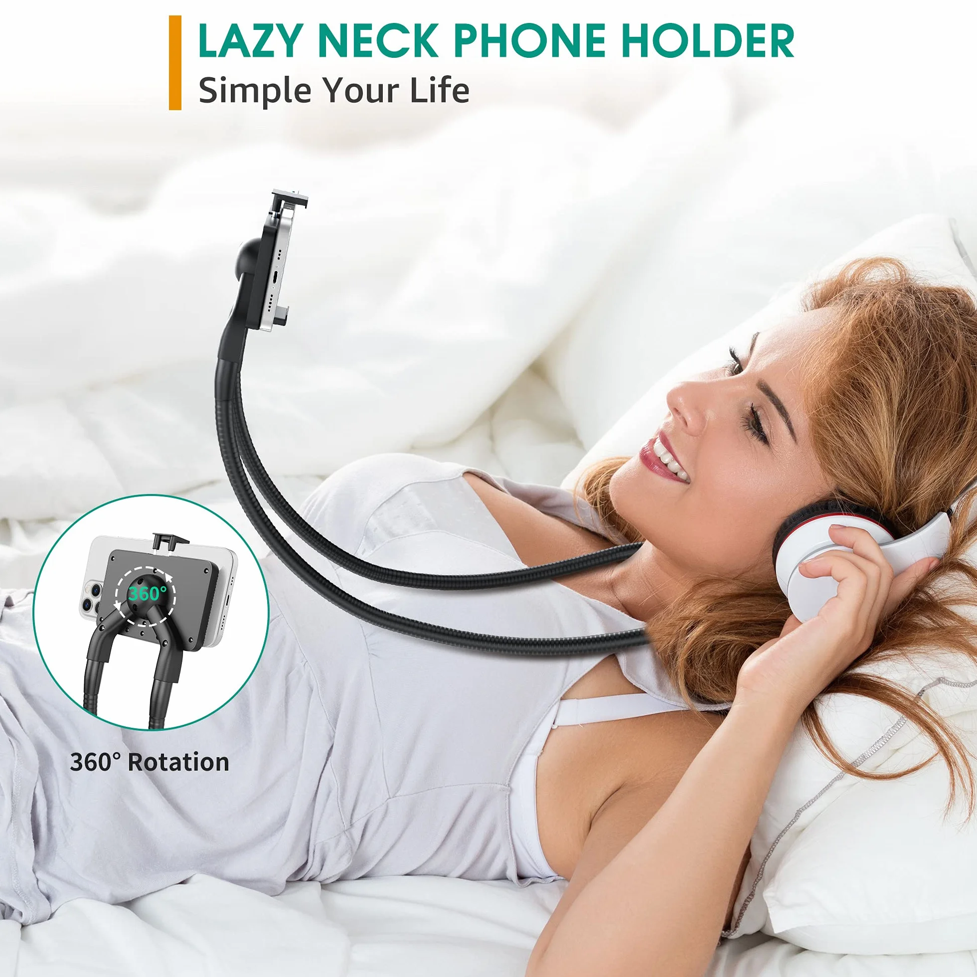 Support Telephone, Universelle Lit Support Téléphone Portable Cou 360° Porte Telephone Bureau avec Flexible Bras Long Multifonction Support Smartphone pour iPhone 13 12 11 Pro XS Max Galaxy S20