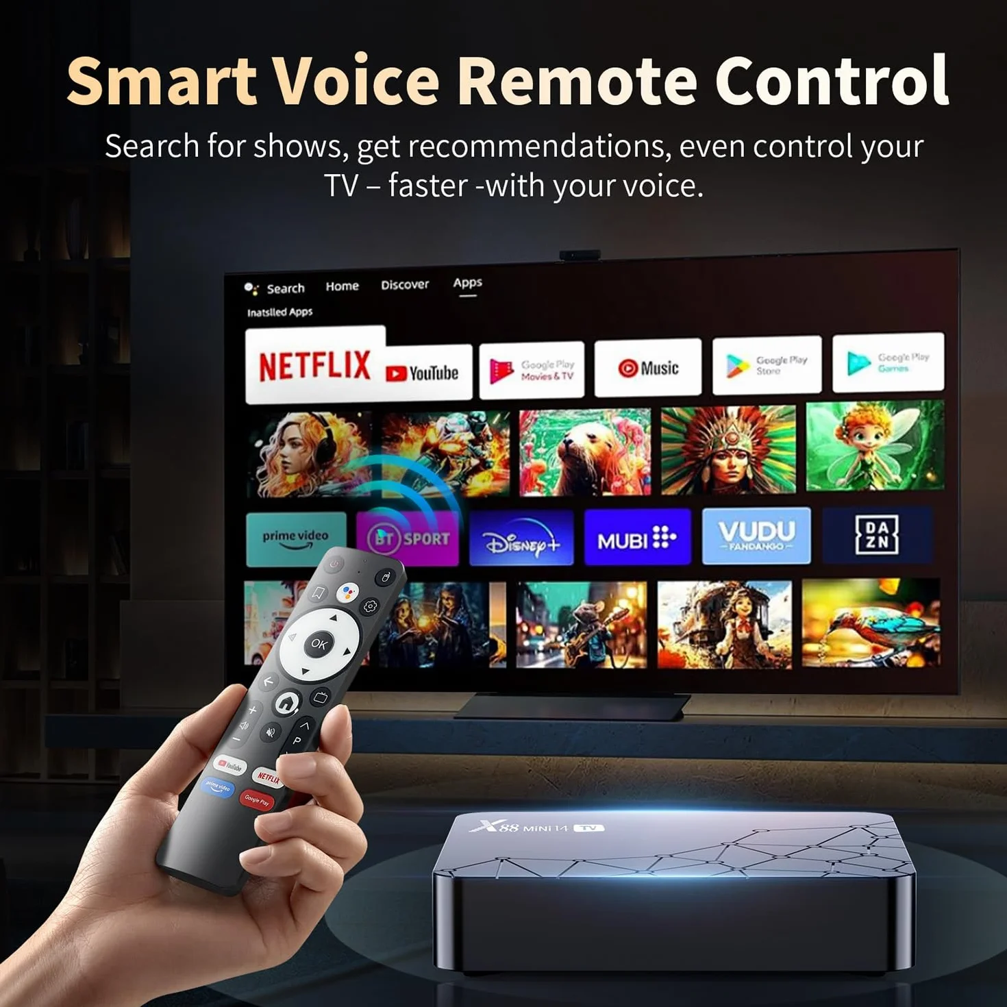 TV Box Android 14.0 2GB RAM 16GB ROM RK3518 Quad Core 100M Ethernet Dual WiFi 6 Bluetooth 5 Voice Control 4K HDR10