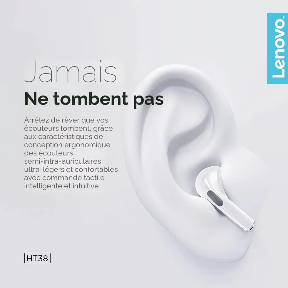 Lenovo – écouteurs sans Fil Bluetooth LivePods HT38 TWS, Mini Casque d'écoute, Commande Tactile 9D Stéréo, avec Micro, 30h d'autonomie