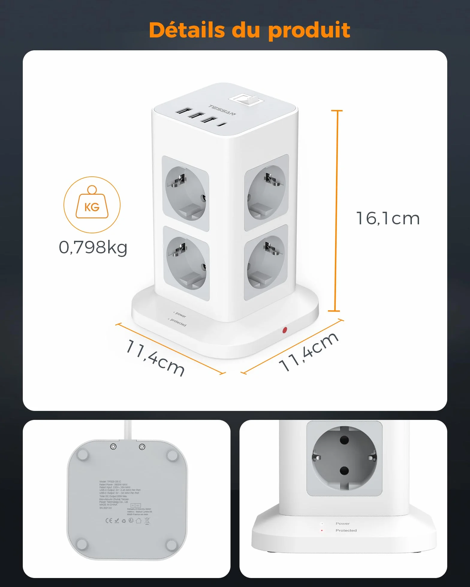TESSAN Tour Multiprise 8 Sorties AC avec 4 USB (3A1C), Multiprise avec Interrupteur Rallonge Electrique 2m, Prise Multiple 3600W Parafoudre et Surtension, Convient pour Maison, Bureau, Gris