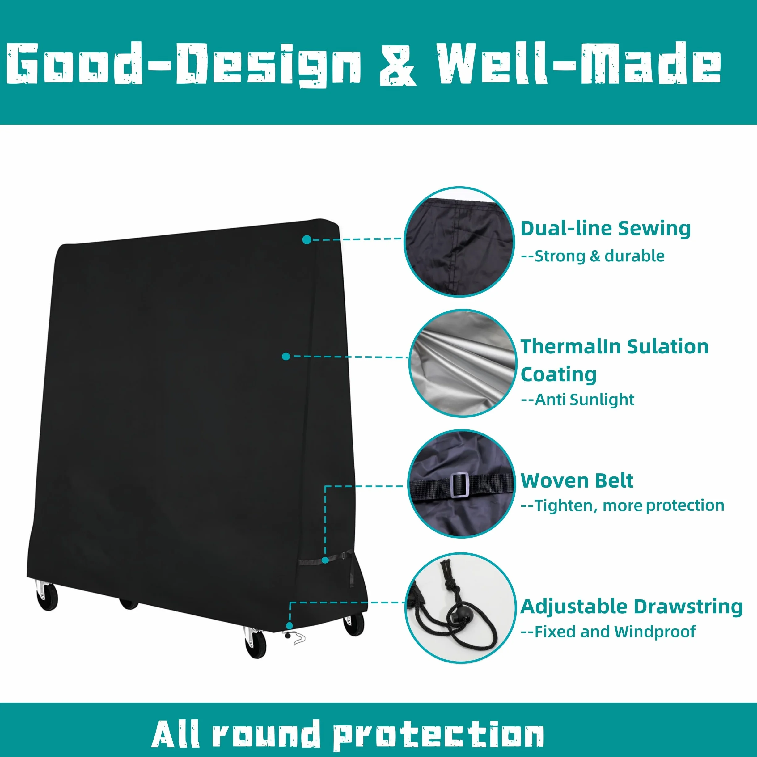 Housse de Protection pour Table de Ping Pong Extérieure Imperméable 185 x 70 x 165 cm Noir