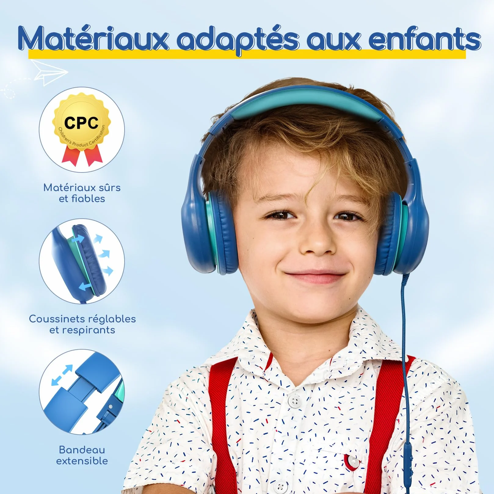 EarFun Casque Audio Enfant Filaire, Limiteur de Volume 85dB, Partage Audio, Pliable et Réglable, Confortable, Jack 3,5 mm, Casque Enfants pour École/Voyage/Téléphone, Bleu-Vert