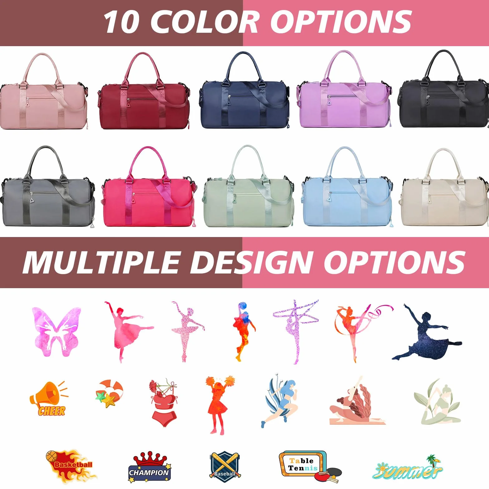 Sac de Sport Brodé Personnalisé avec Bretelles, Poches Humides et Sèches et Compartiment à Chaussures - Rose