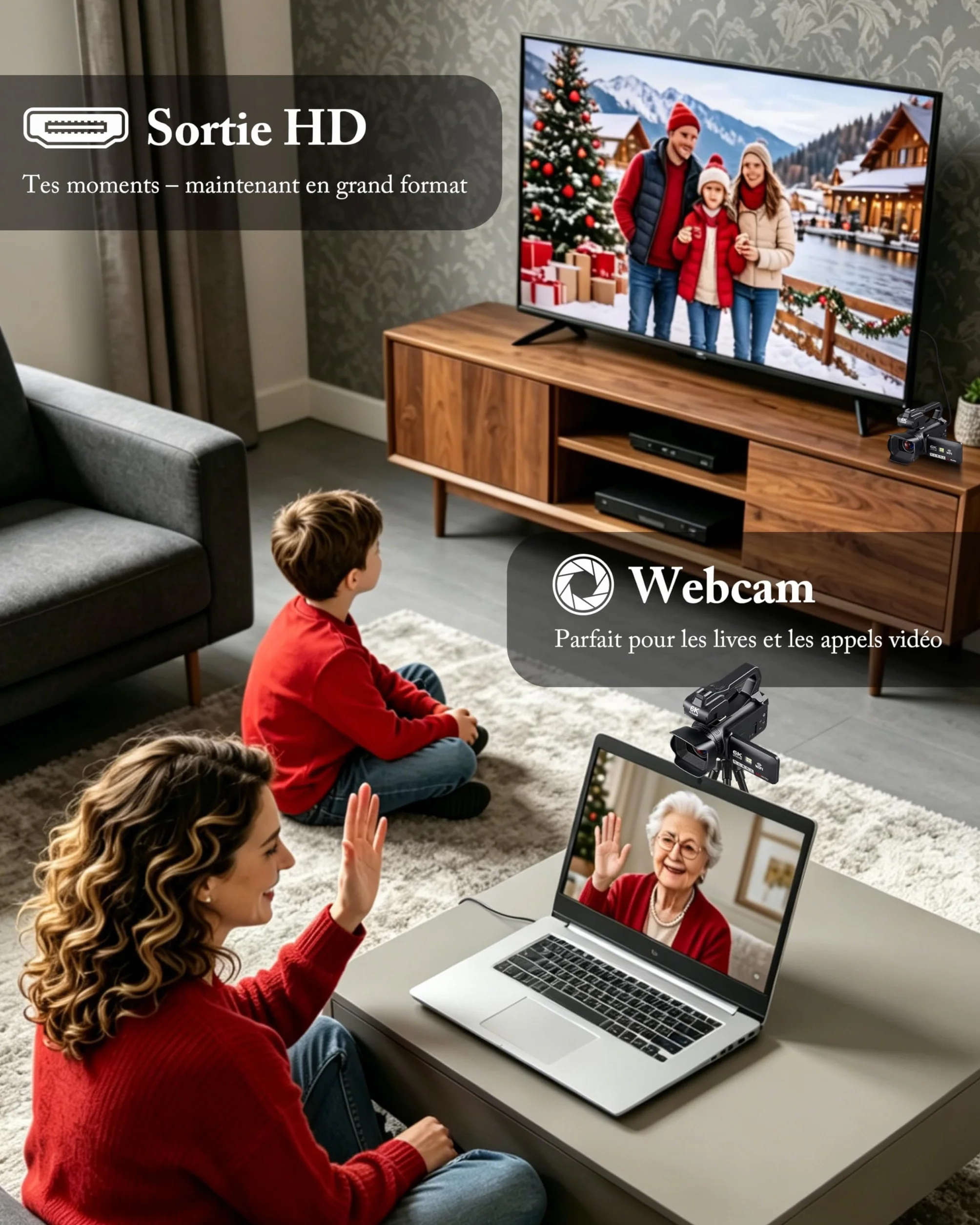 Caméscope 6K 64MP WiFi Vision Nocturne Infrarouge 18X Zoom Numérique avec Pile 4500mAh, Carte SD 64 Go
