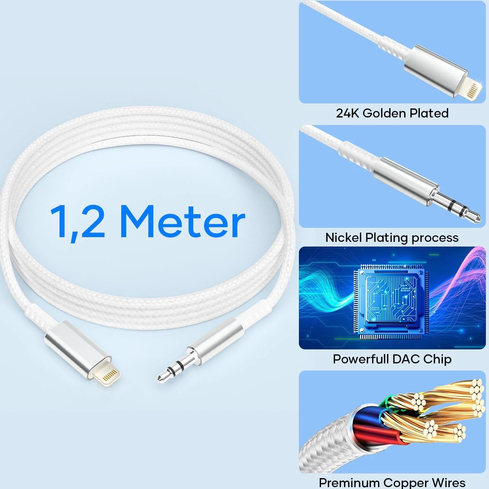 Cable Jack i Phone 1,2M [Certifié MFi] Audio Cable Auxiliaire Voiture i Phone Light-ning Cable Jack 3.5mm Compatible avec iPhone 14/13/12/11/X pour Autoradio/Casque/Enceinte, Argent