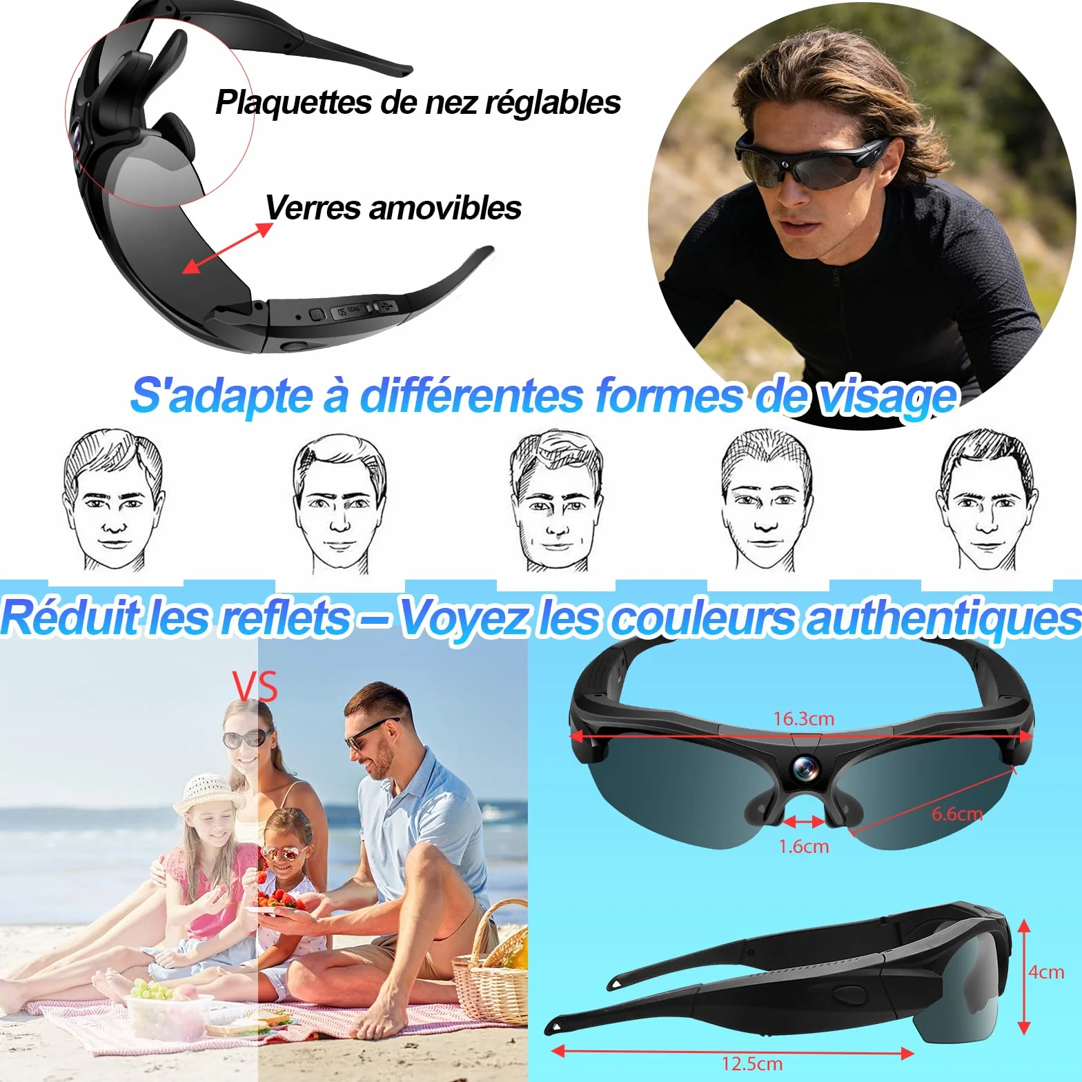 TANGMI Lunette Camera Sport 1080P HD Grand Angle 120° WiFi Enregistrement 2 Heures Cyclisme Ski Plein Air