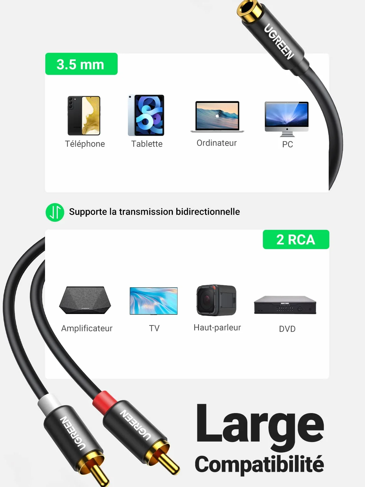 UGREEN Câble RCA Jack 3.5mm Femelle vers 2 RCA Mâle Adaptateur Stéréo Compatible avec Téléphone TV PC Tablette Ampli Chaîne HiFi Barre de Son Home Cinéma Enceinte 25CM