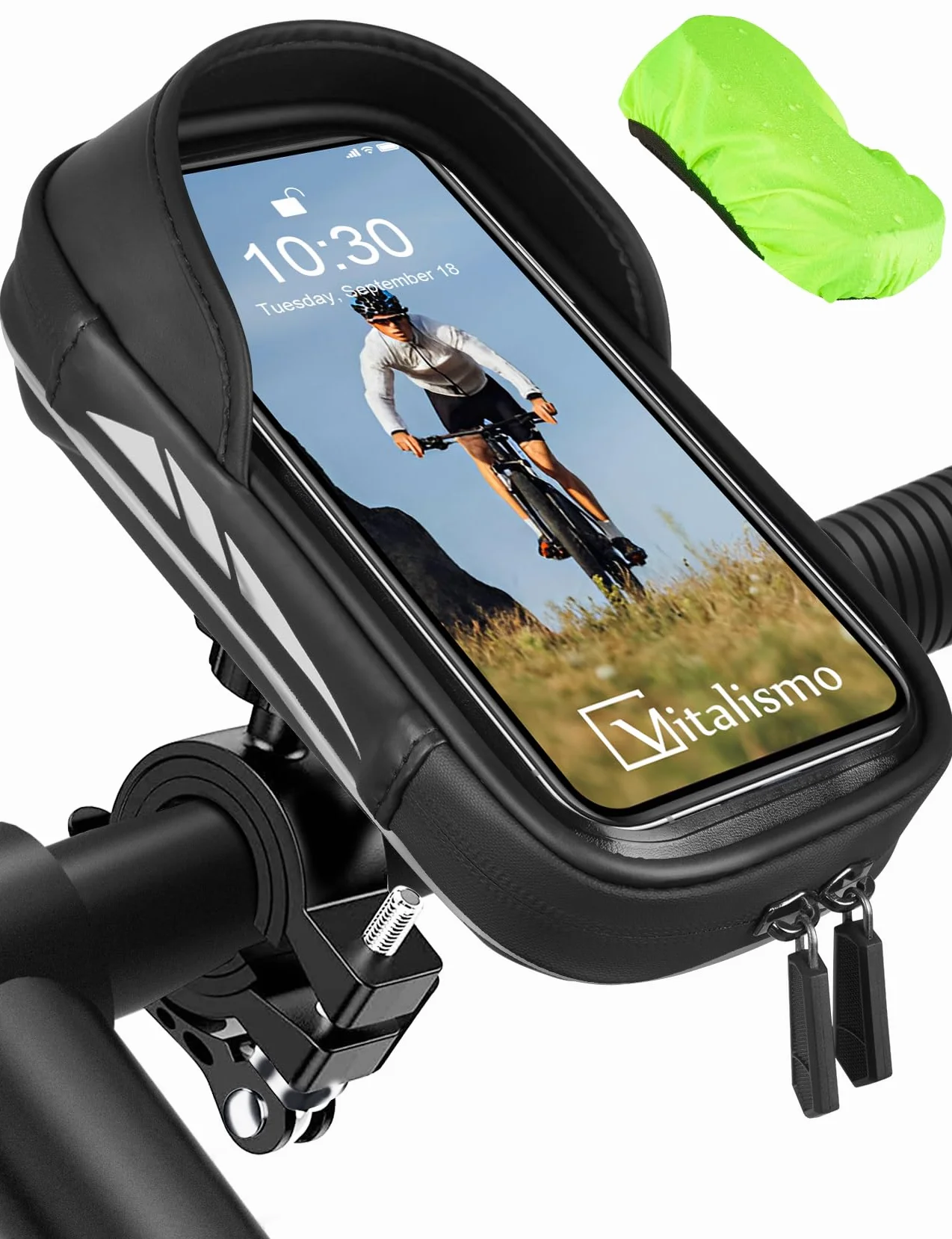 Vitalismo Support Téléphone Velo Moto Etanche, Sacoche de Guidon Vélo avec Housse de Pluie Espace Rangement Rotation 360 Porte Téléphone Vélo VTT Cyclisme sous 7 Pouces