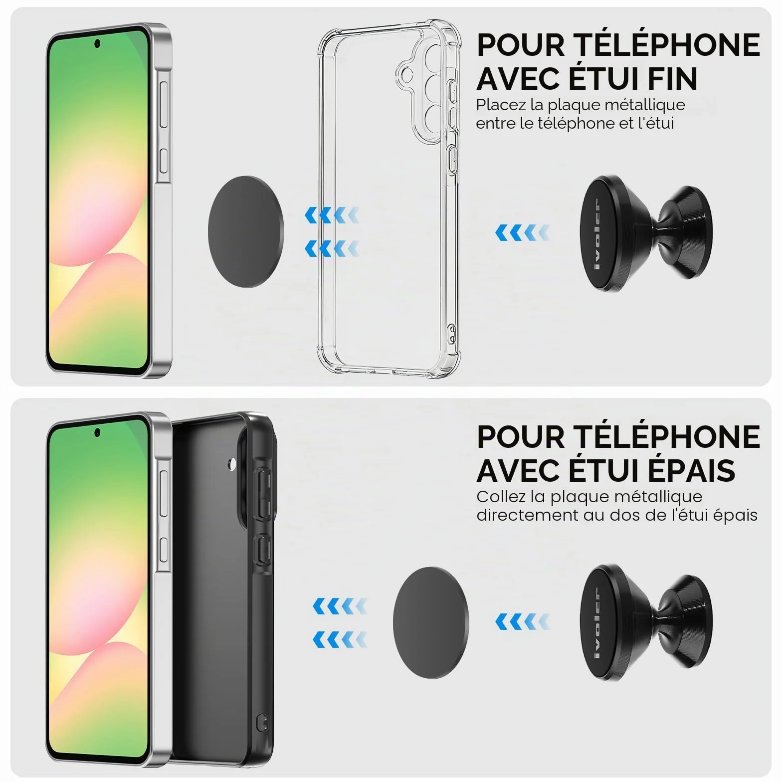 ivoler Support Telephone Voiture, [Lot de 2] Porte Téléphone Voiture Universel 360° Rotation, Magnetique Portable Aimant Adhésif pour Smartphone, Compatible pour Phones ou appareils GPS-Noir