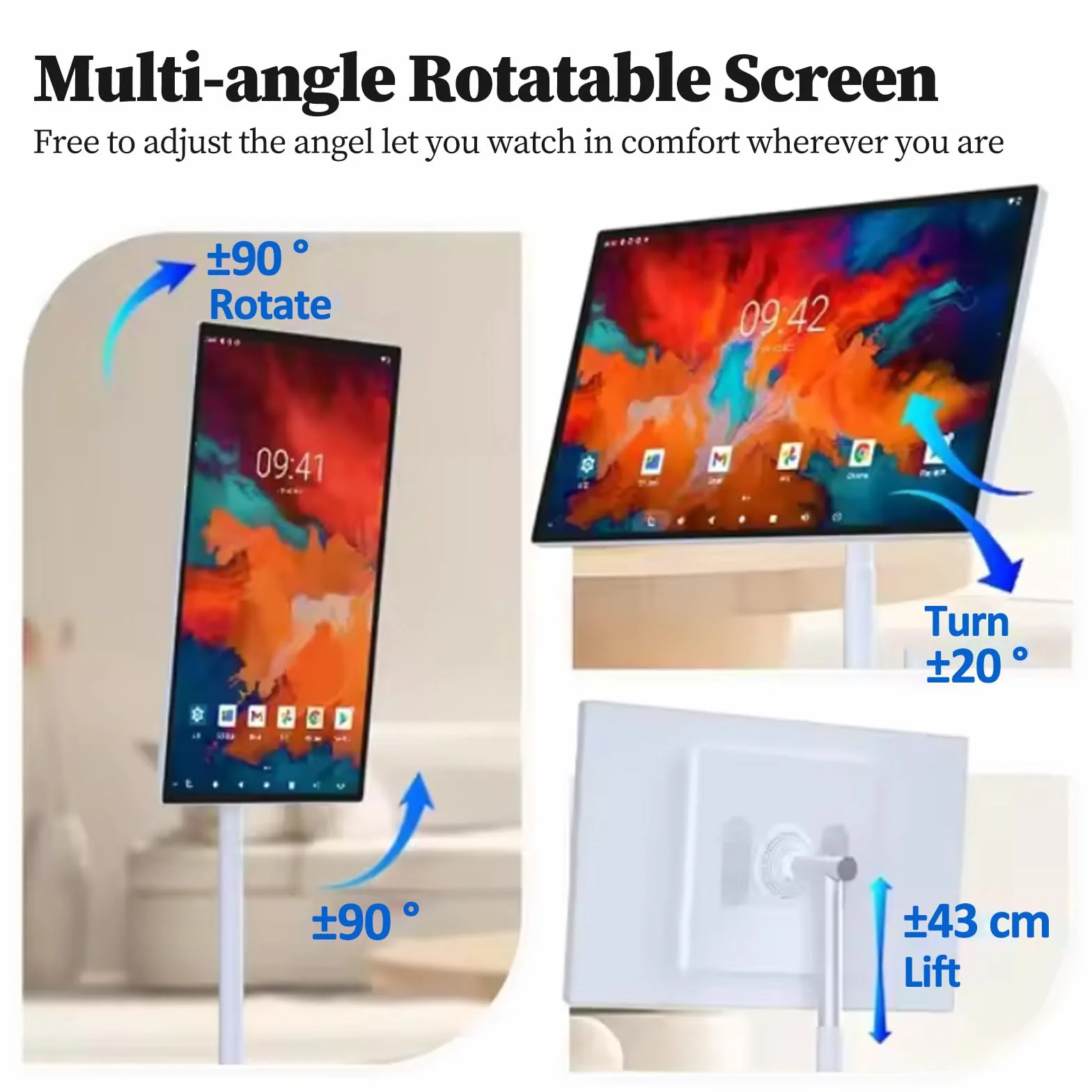Téléviseur Portable 32 Pouces - écran Tactile 1080p sur roulettes avec Caméra 8 Mpx, Stockage 8 Go + 128 Go, Batterie 10 000 Mah, Tablette TV Rotative avec Télécommande 32inch-6+64G