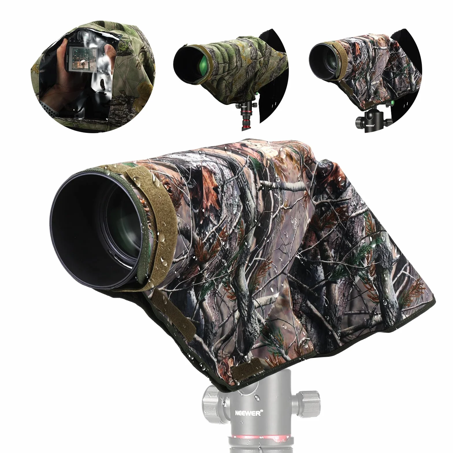 NEEWER Housse de Protection Contre la Pluie pour Appareil Photo Reflex numérique Canon, Sony, Nikon, Fujifilm et objectifs jusqu'à 400 mm, Camouflage des Deux côtés, en Nylon Vert PB020