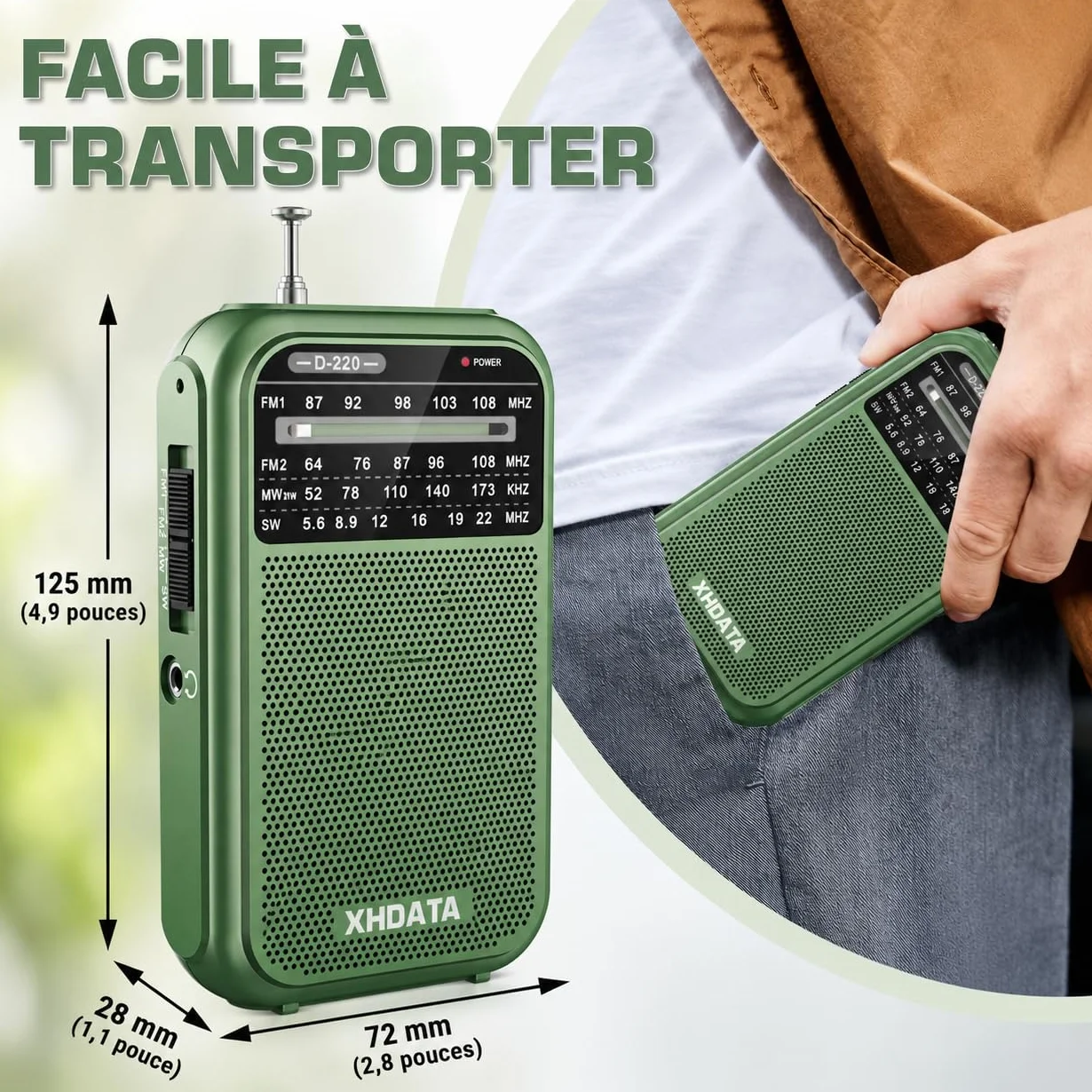 XHDATA D220 Radio Portable FM/AM/SW, Mini Radio à Piles Survie (AA) avec Réception Haute Performance, TransistorRadio pour Cadeau, Famille, Séniors(Vert)