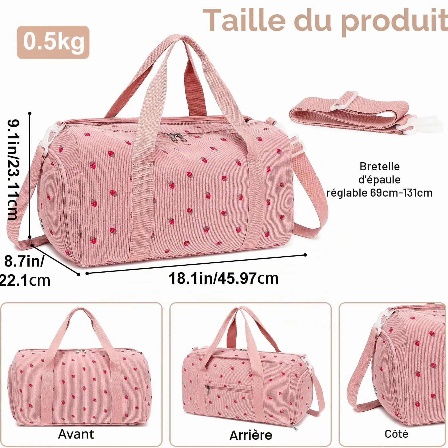Sac de sport LEDAOU enfant compartiment chaussures humide velours côtelé rose fraise 46x22x23 cm