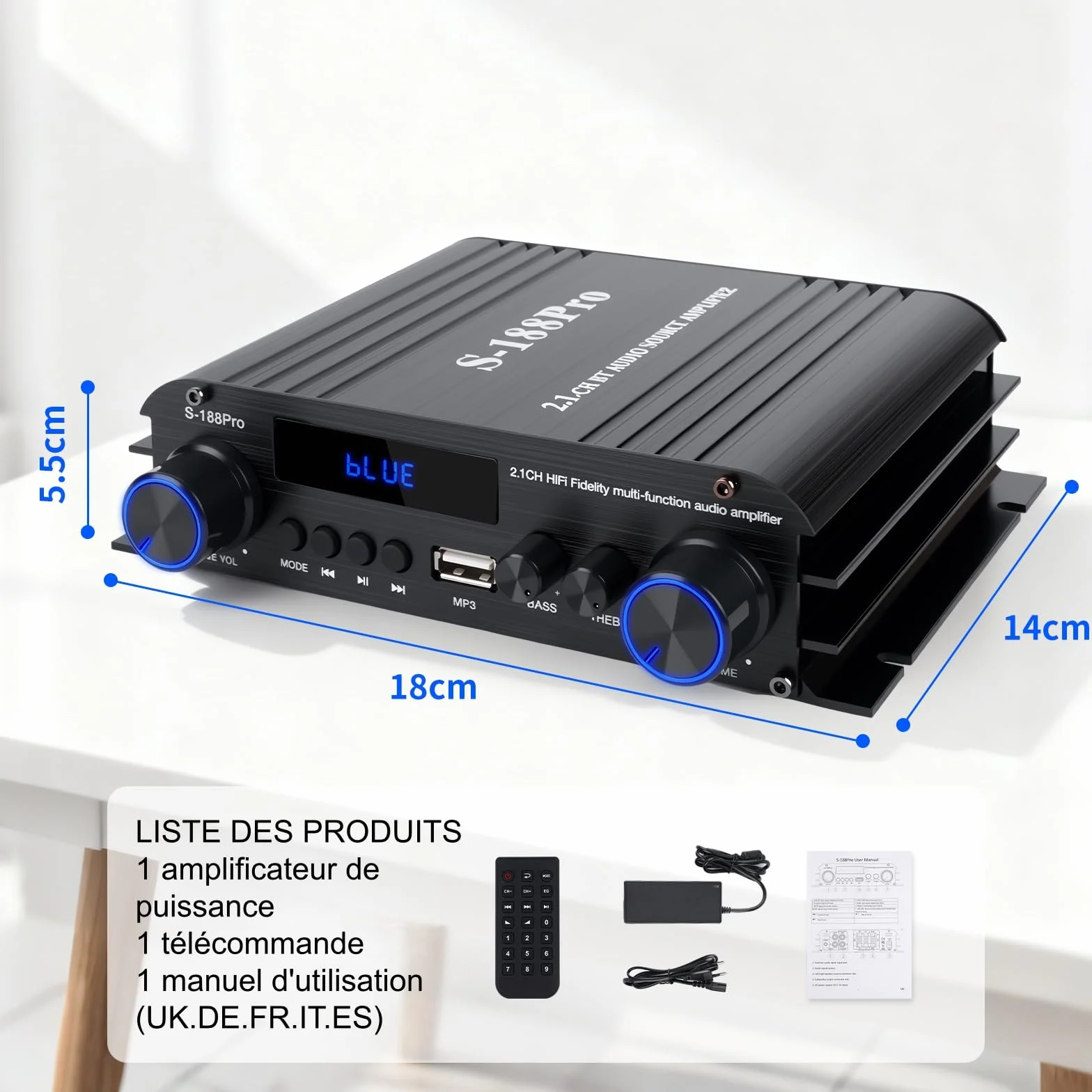 2.1 Chaîne Amplificateur Audio 50W×2 + Caisson de Basse 60W, 1000W Puissance de Crête, Bluetooth 5.3, Aux/USB/MP3, Réglage Grave/Aigu – Pour Home Cinéma, TV, Voiture