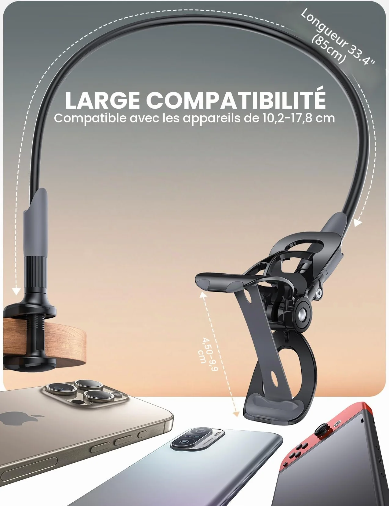 Lamicall Support Téléphone, Gooseneck Support Réglable - Universelle Rotation 360° Support pour iPhone 17 Pro Max Air, 16/15/14/13 Pro Max Mini, XS XR X 8 7, Switch, Samsung, Smartphones - Noir