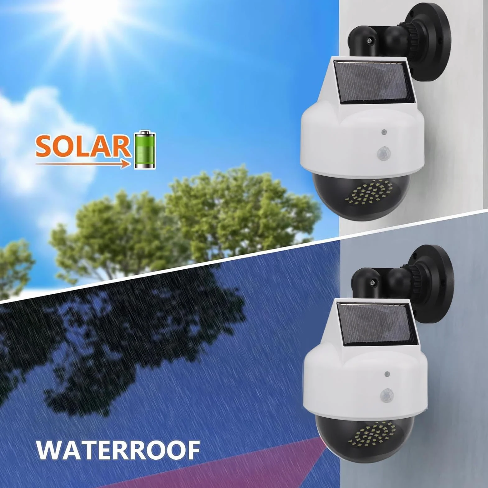 Zerodis Fausse Caméra Solaire Factice de sécurité Extérieure, Caméra de Surveillance Simulée à énergie Solaire pour Intérieur et Extérieur – Dissuadez Les Criminels et Protégez Votre