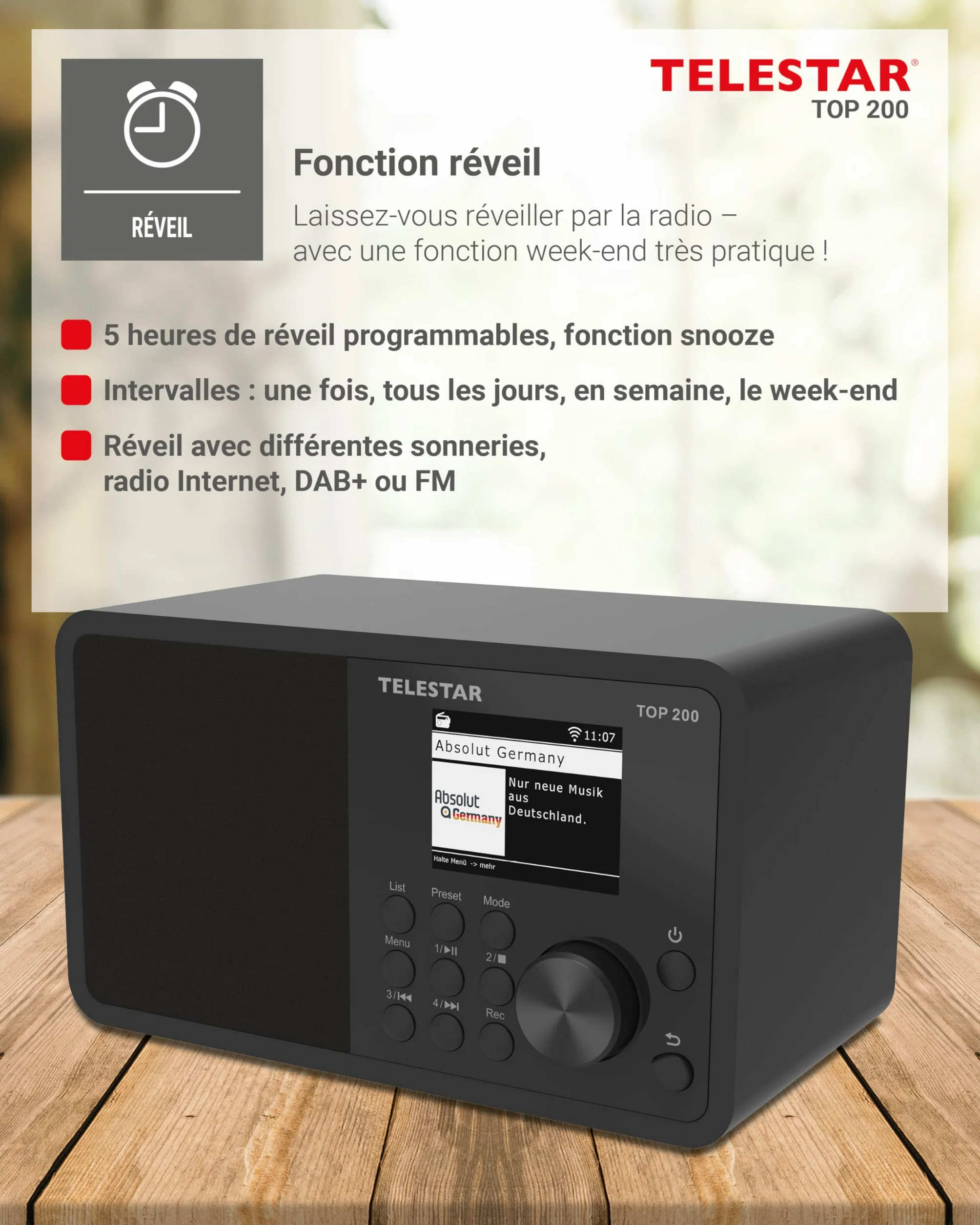 TELESTAR Top 200 – Radio Dab Plus -Internet (Mono, 10 W, Bluetooth Audio-Streaming & Fonction émetteur, Enregistrement USB, système d’Alerte d’Urgence, contrôle Via Application) – Noir