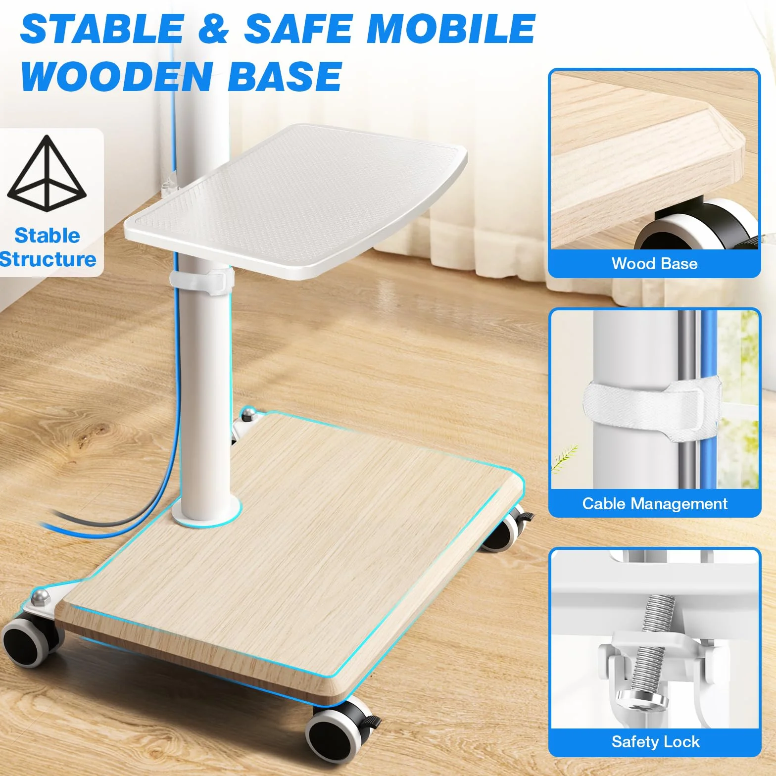 5Rcom Support TV roulettes Blanc Pied TV pour Télé de 27-55 Pouces, Réglable en Hauteur et Pivotant Support TV sur Pied avec roulettes Meuble Support TVs avec Base en Bois VESA Max 400x400mm Max 30kg