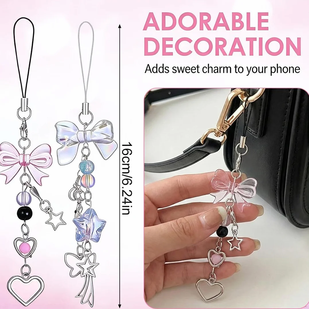 Lot de 2 Bijoux de Téléphone Y2K Esthétique Phone Charm Papillon Cœur Étoile pour Filles