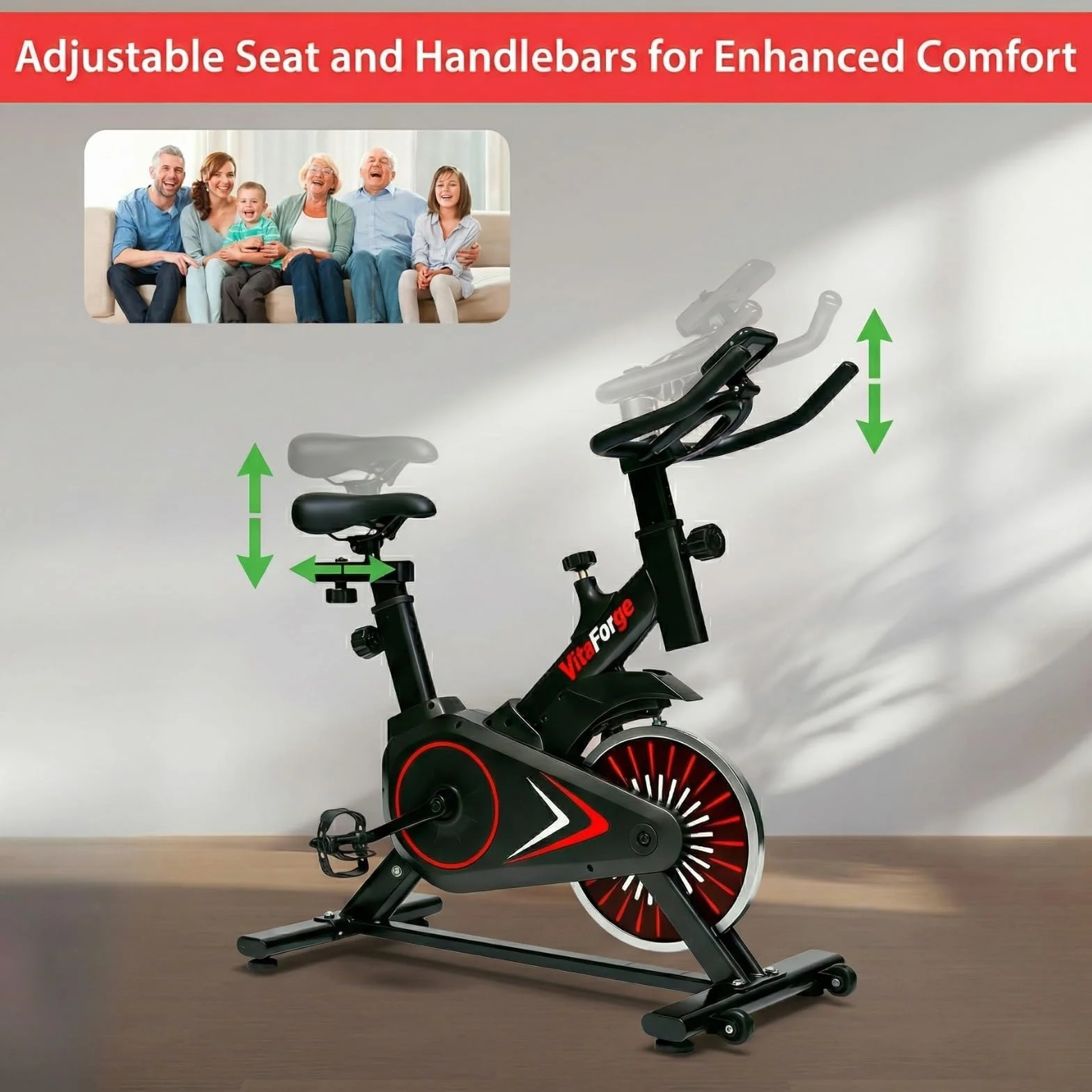 Exercise Bike, Quiet Indoor Fitness Bike with Adjustable Magnetic Resistance, Black/Red