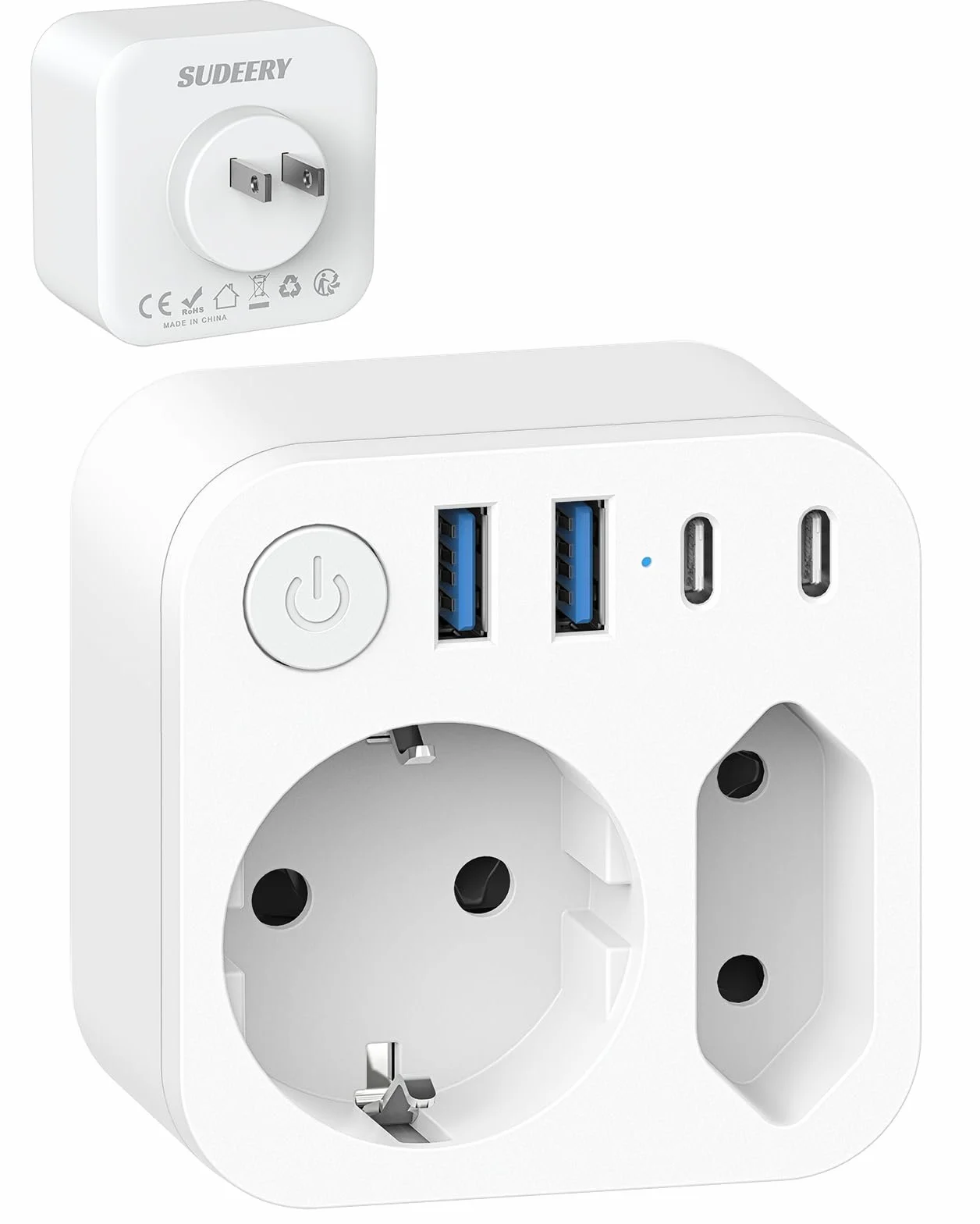 Connecteur de Voyage France Japon 4 Prises USB 2 USB-C Adaptateur Schuko Type A États-Unis Canada Blanc