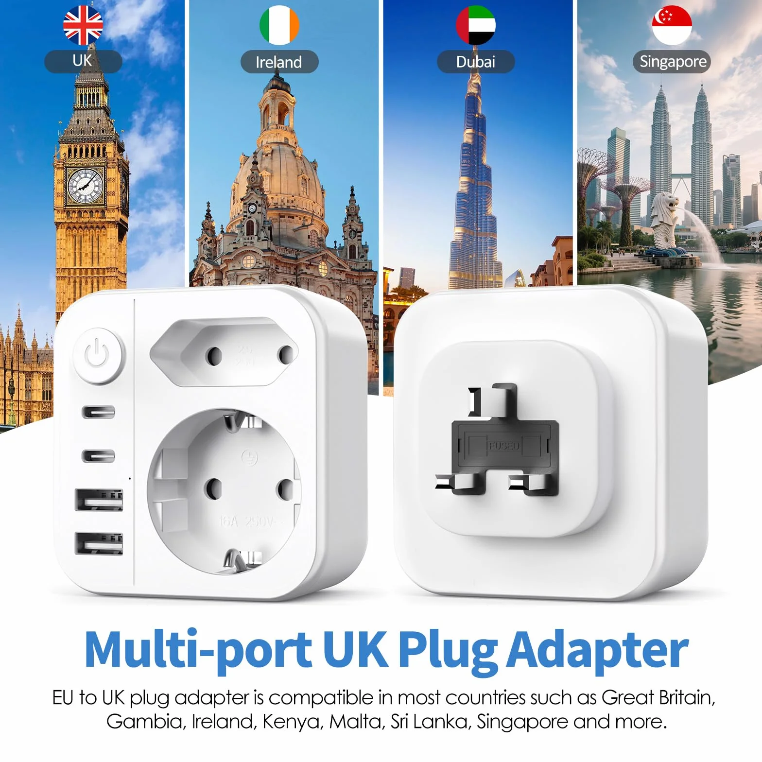 6 en 1 Adaptateur Prise Anglaise UK,3250W Adaptateur de Voyage UK avec 2 Prises,2 USB,2 Type-C,Adaptateur Type G pour Irlande Dubaï Malaisie Maldives Angleterre