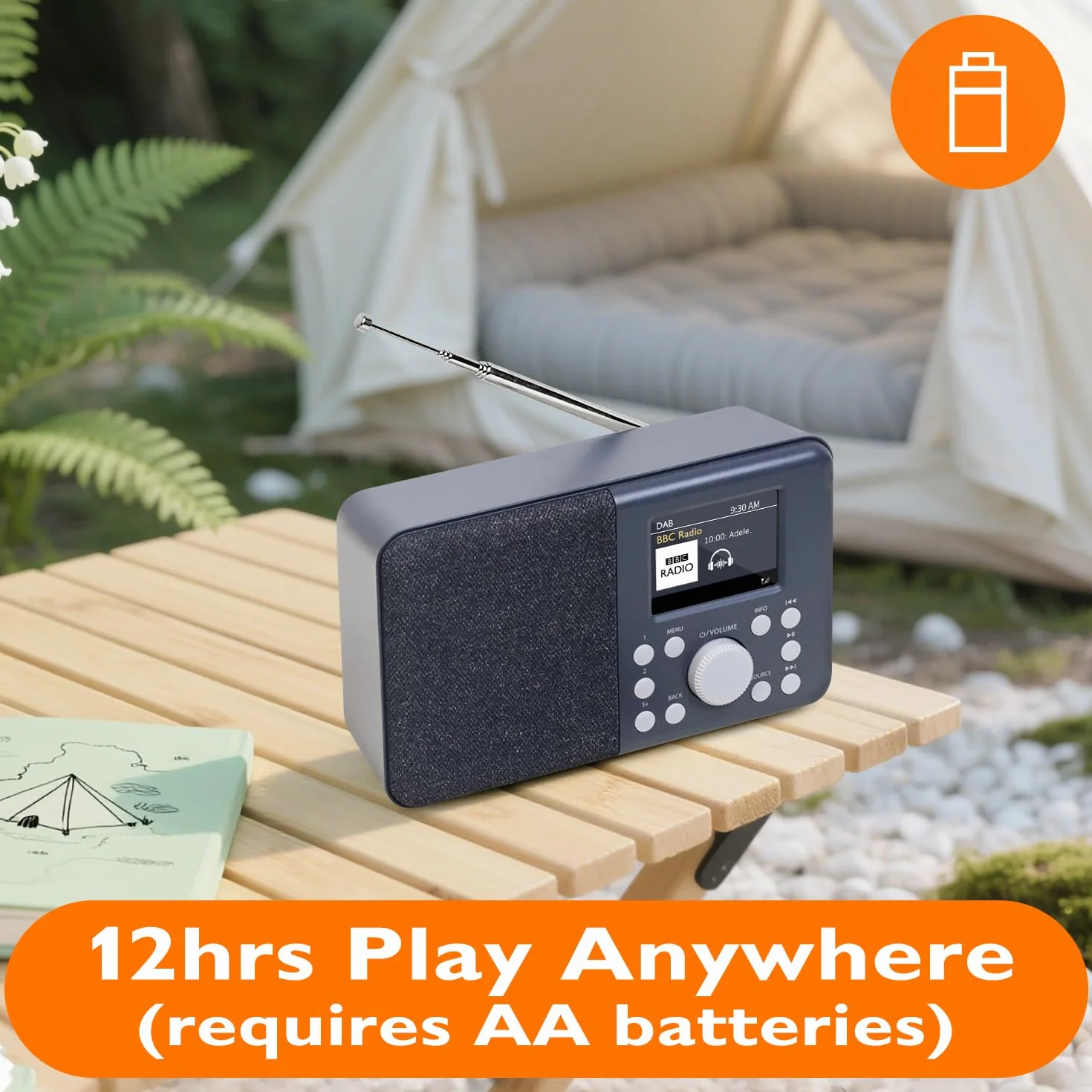 MD3 Radio Numérique Portable Dab/Dab+ et FM, Haut-Parleur Bluetooth, 40 Stations préréglées, alarmes et Horloge, Fonction Snooze, écran Couleur, Alimentation sur Piles ou sur Secteur-Charbon