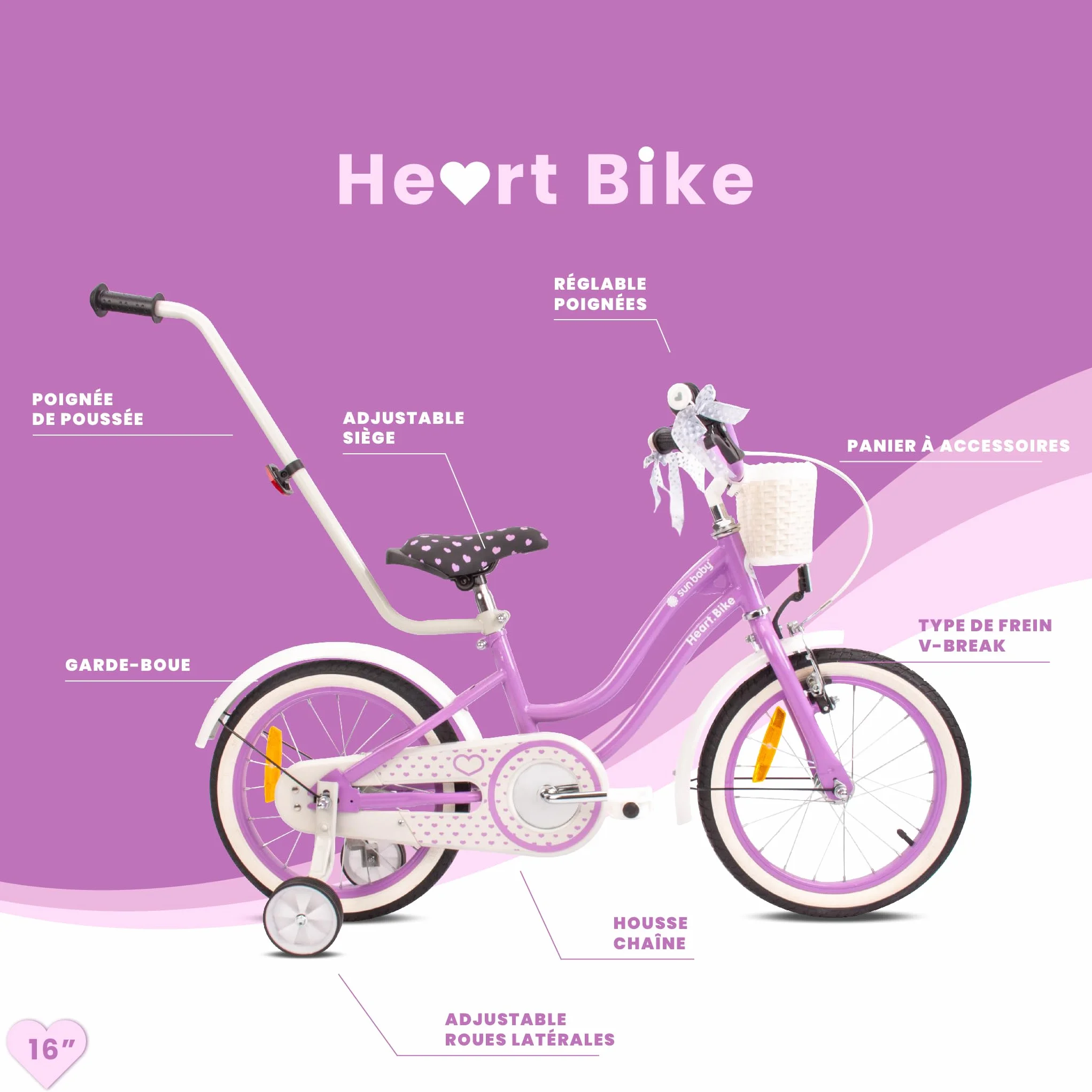 Vélo Enfant Fille 12/14/16 Pouces Sun Baby Heart avec Roulettes Stabilisatrices et Barre de Poussée