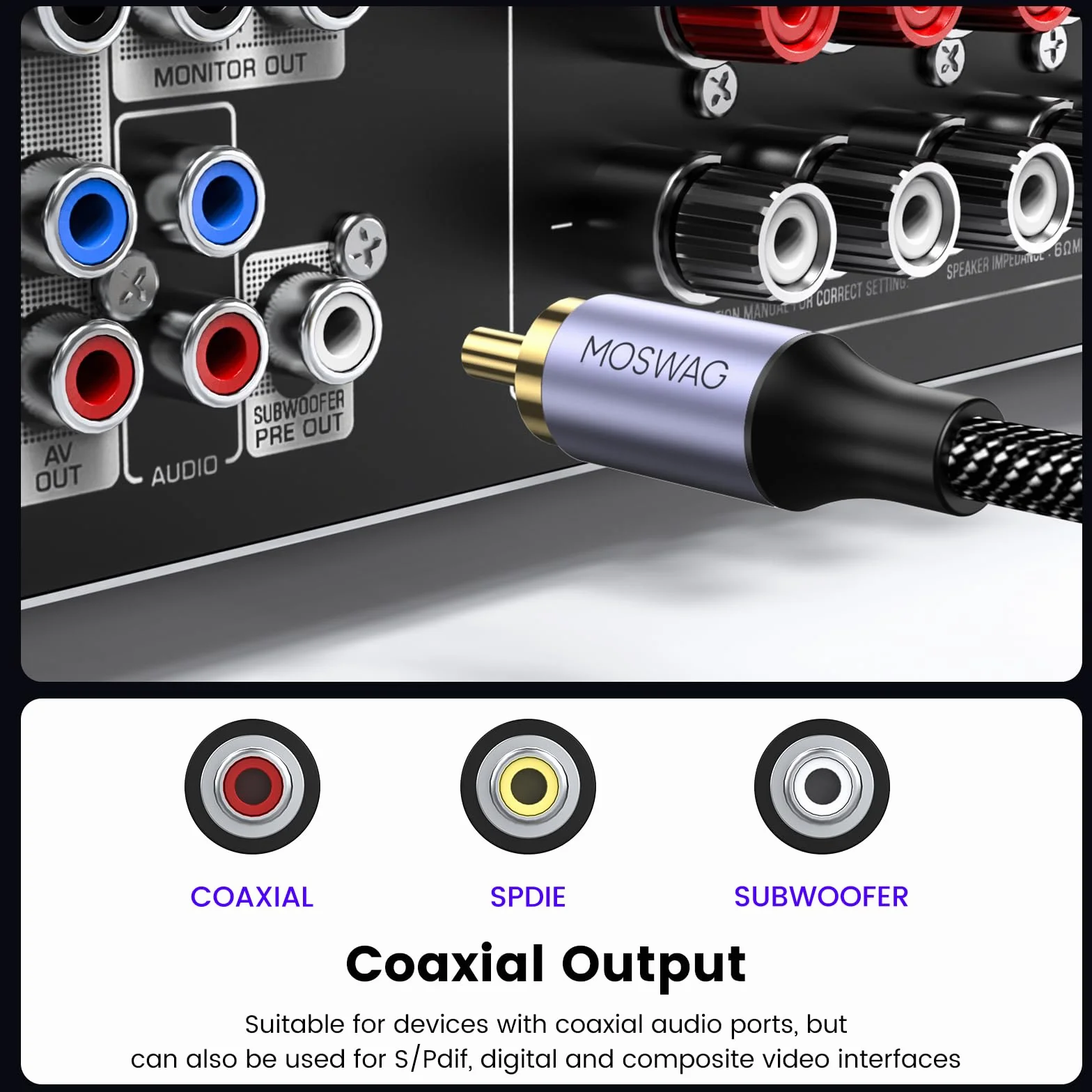 MOSWAG Câble Coaxial RCA Audio (2M), Câble de Subwoofer - Cinch RCA, Cable Coaxial Numérique 24K Plaqué Nylon pour Home Cinéma, Système Audio, PS3, Wii, Haut-parleurs