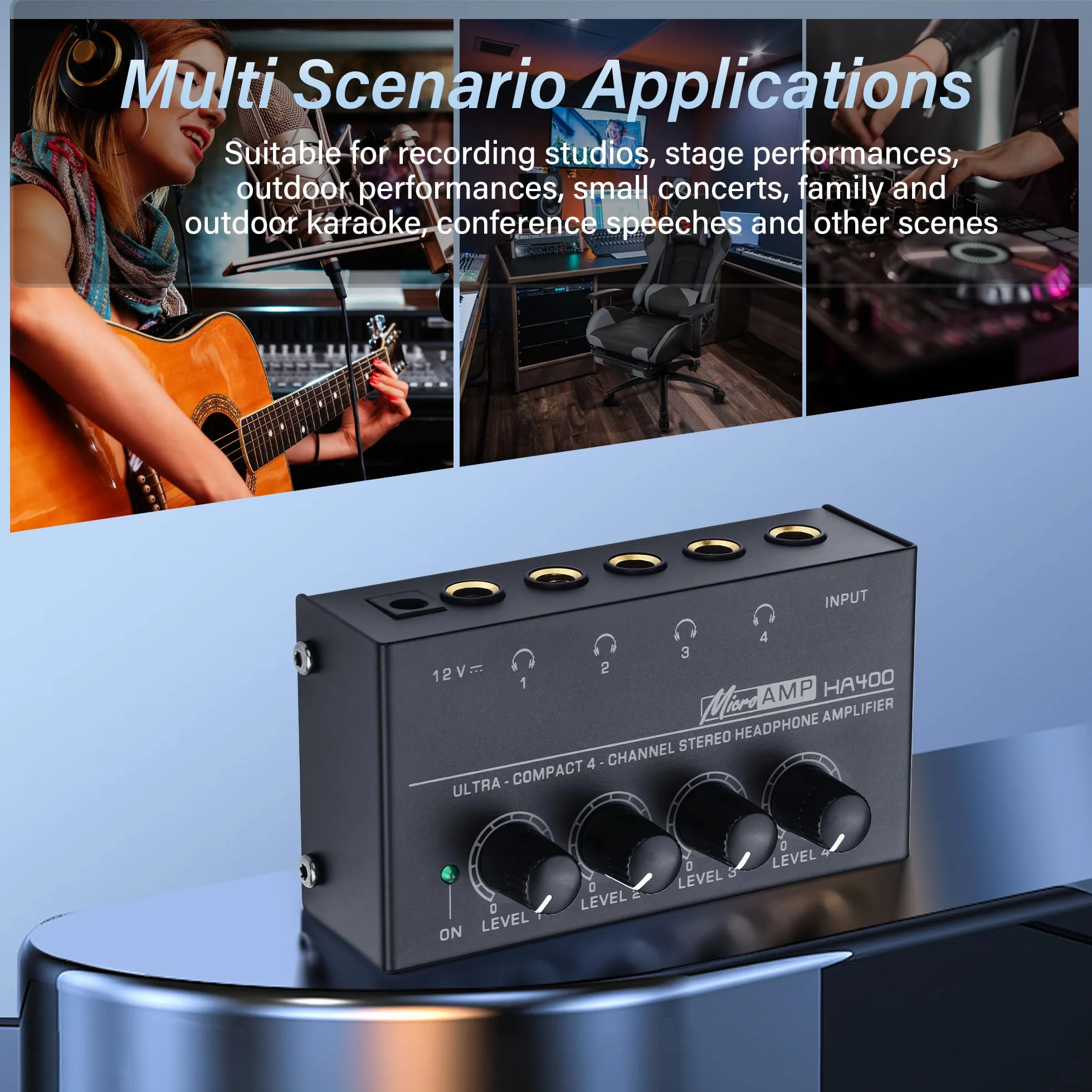 SinLoon HA400 4 canaux amplificateur de Casque stéréo, métal Mini Splitter Audio avec contrôle de Volume indépendant, 1/4 "Sortie et entrée TRS, avec Adaptateur 12V pour Studio, scène, PC, Guitare