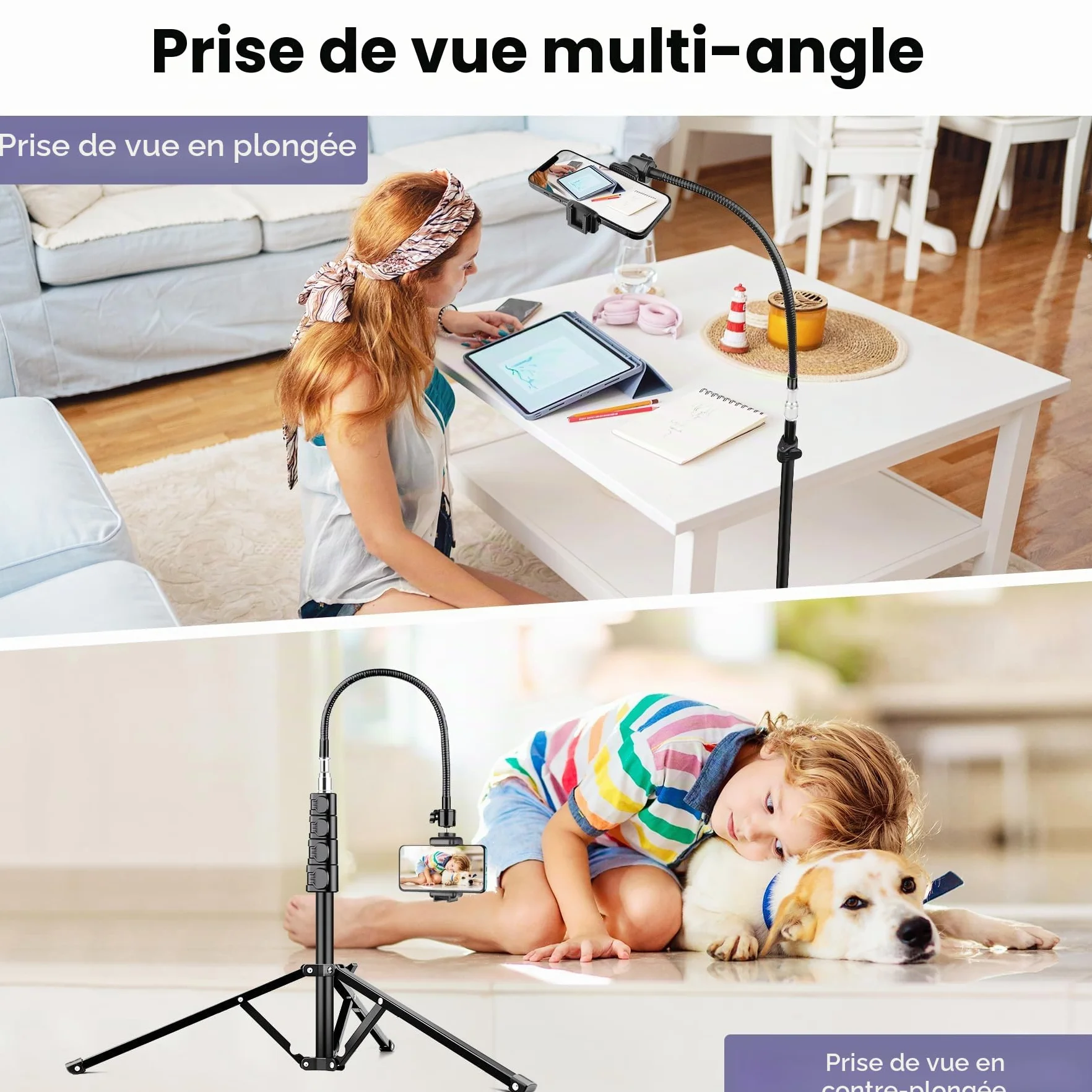 Victiv 224cm Haute Trepied Smartphone, Trépied Téléphone en Aluminium avec Col de Cygne Réglable, Télécommande, Support Telephone, Extensible Trépieds Appareil Photo avec Rotule à 360° pour DSLR Canon