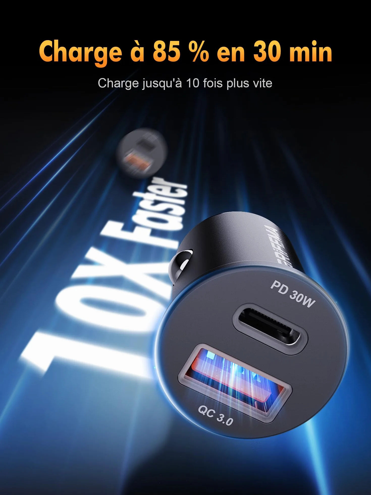 GRIFEMA Chargeur Allume Cigare USB C 30W, Chargeur Voiture Rapide Double Port avec USB-C PD 30W et USB-A QC 3.0 18W, Prise Allume Cigare 12V pour iPhone 16 15 14, Samsung, iPad–Boîtier en Aluminium