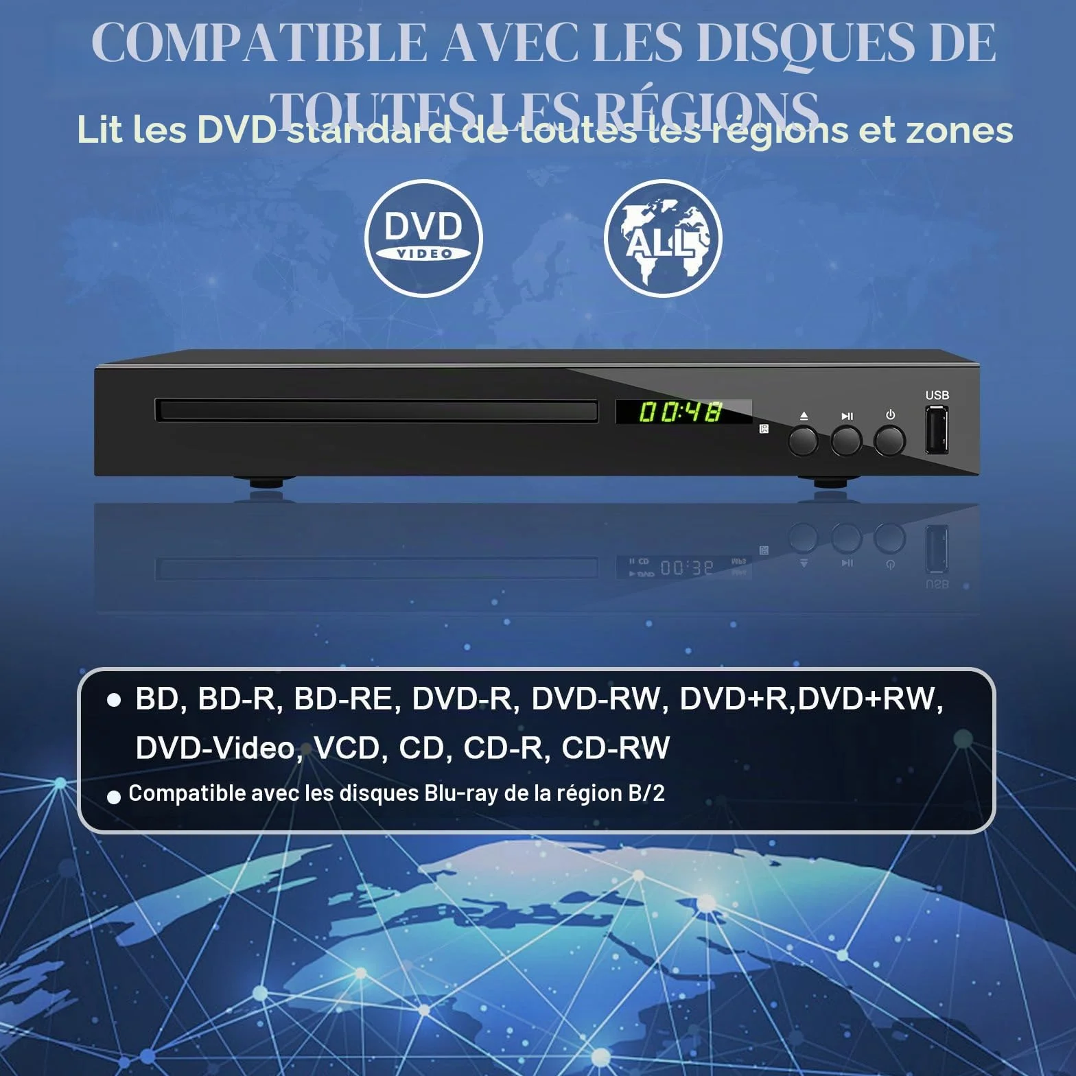 Lecteur Blu-Ray pour Téléviseur (Région 2), Compact Lecteur CD DVD Multizone avec Sortie Coaxiale AV HDMI Entrée USB, Prise en Charge clé USB, Lecture des Disques Blu-Ray de la Région 2