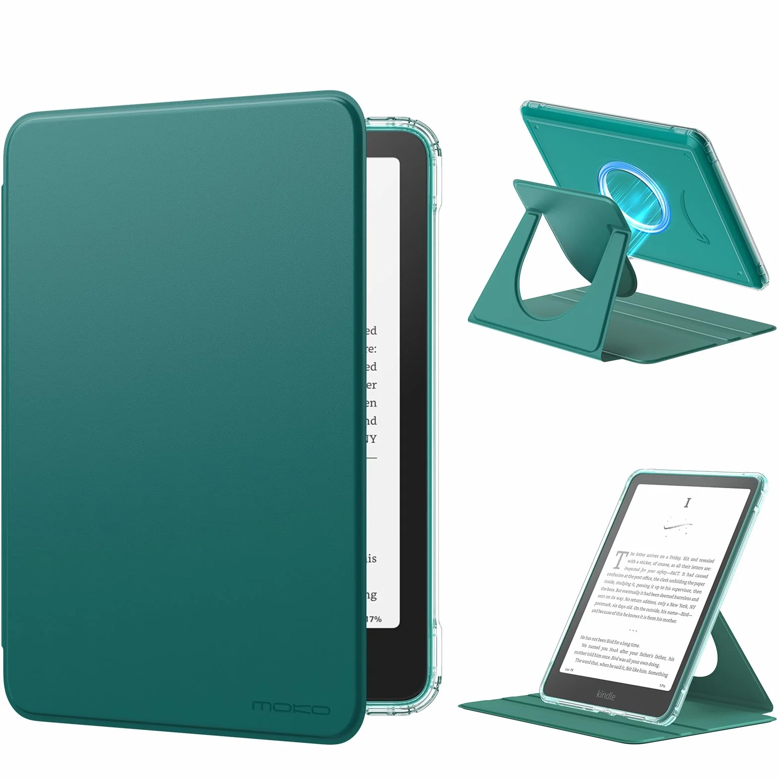 MoKo Coque Pivotante à 360° pour 7" Kindle Paperwhite 12e Gén 2024&Kindle Colorsoft 2024/2025, Étui Protection à Dos Clair Magnétique Détachable avec Support Réglable et Auto Réveil/Sommeil, Vert Jade