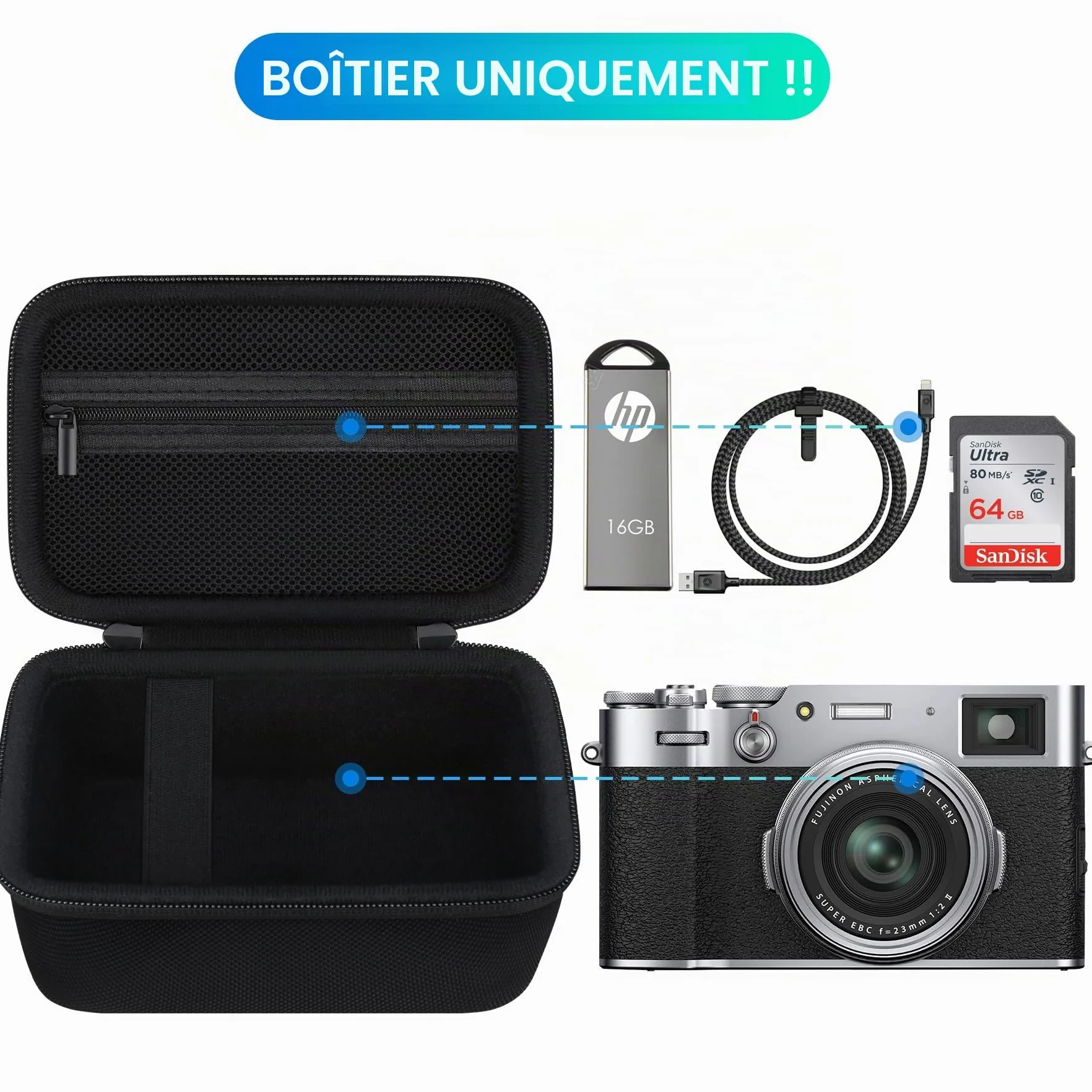 BOVKE Étui de Transport pour Fujifilm X100VI X100V X-E5 Appareil Photo Numérique, Poche en Maille, Noir
