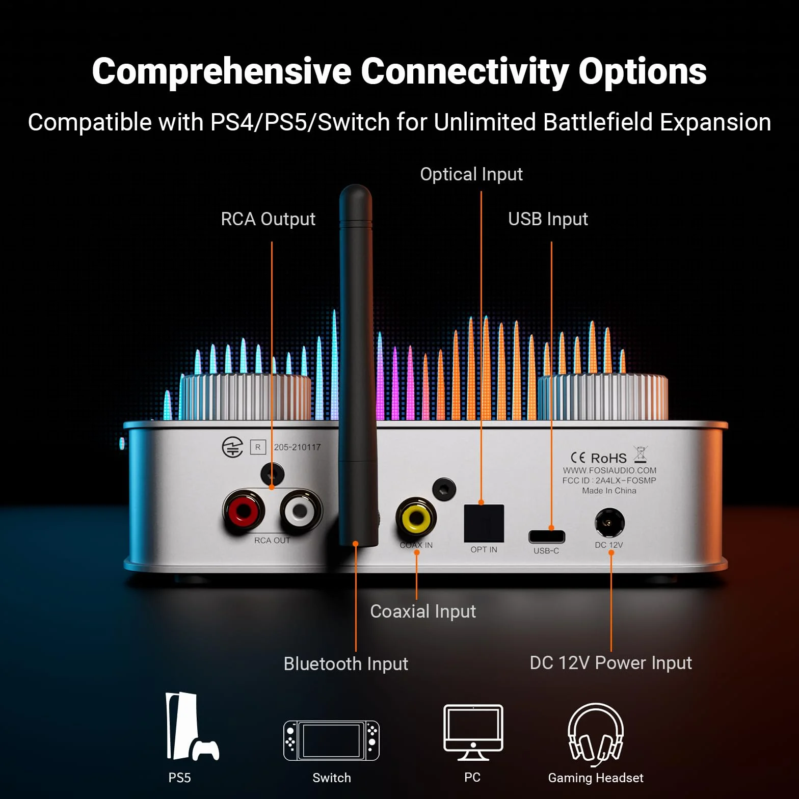K7 DAC Ampli Casque, Jusqu'à PCM 384 kHz/32 bits, USB C/Bluetooth aptX HD LL/Optique/Coaxial/Entrée Micro, Sortie Symétrique 4,4 mm/3,5 mm/RCA pour PC PS5 Espace de Travail Gaming-Argenté
