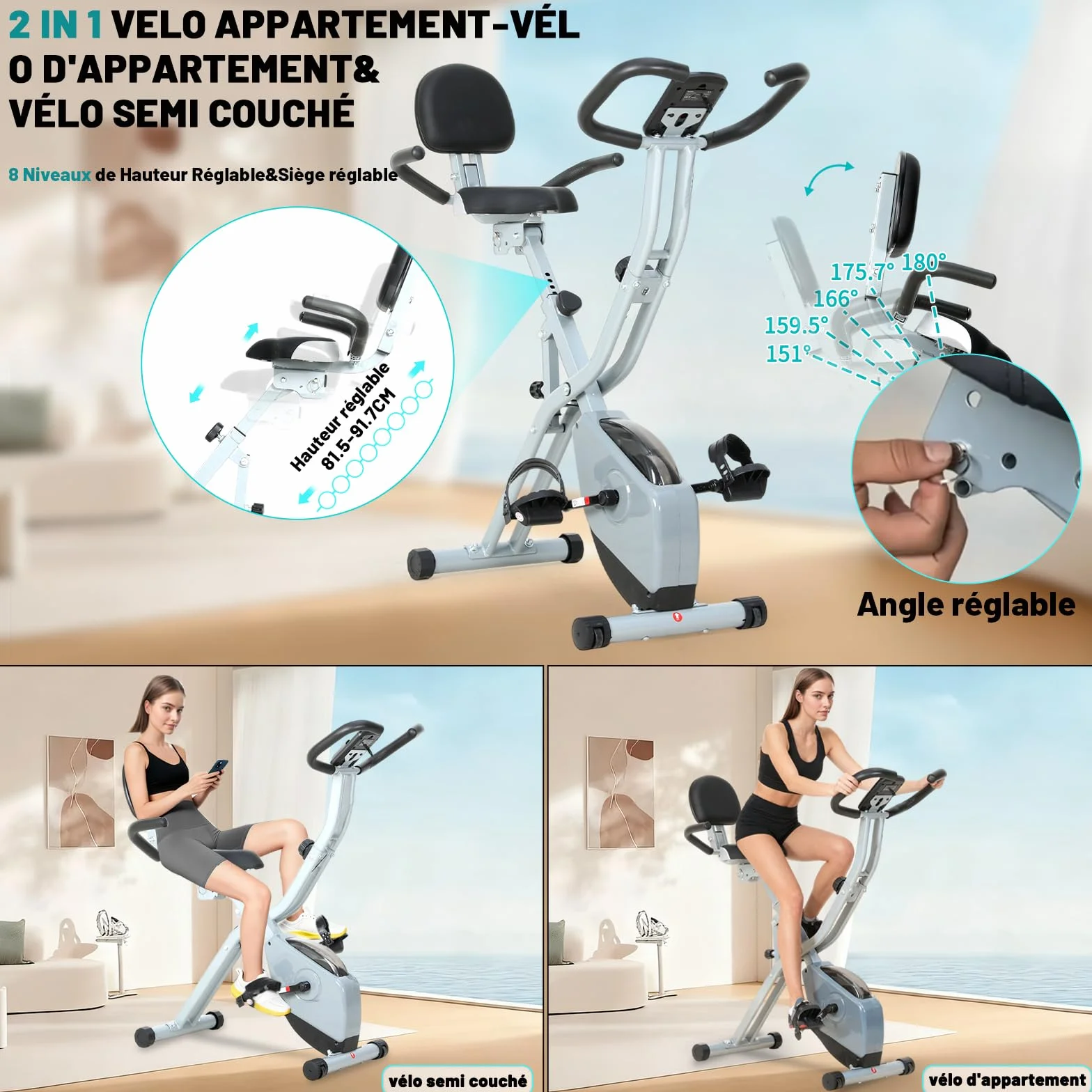 ISE 2-IN-1 Vélo d'Appartement Pliable, Cardio Training 8 Niveaux Résistance Magnétique, Bluetooth