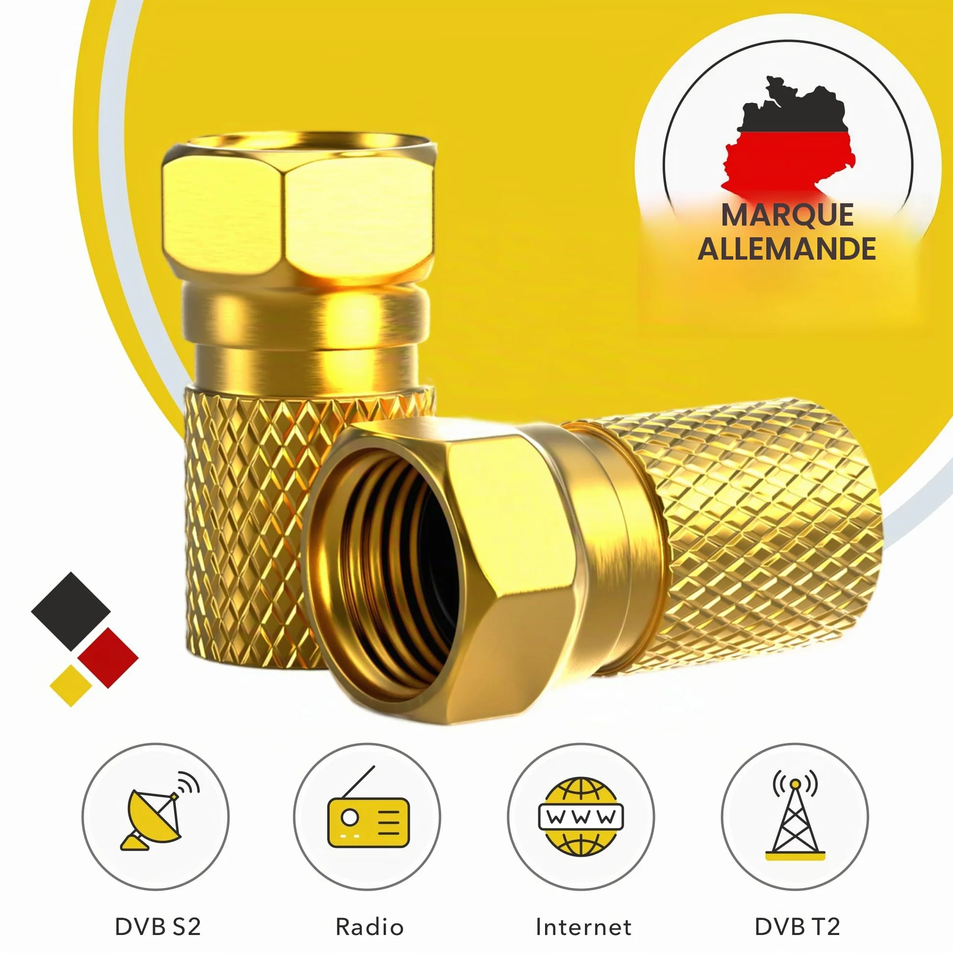 Connecteur F 7mm Fiche F 10 pièces dorées Joint caoutchouc Ecrou large Câble coaxial SAT LNB satellite à visser