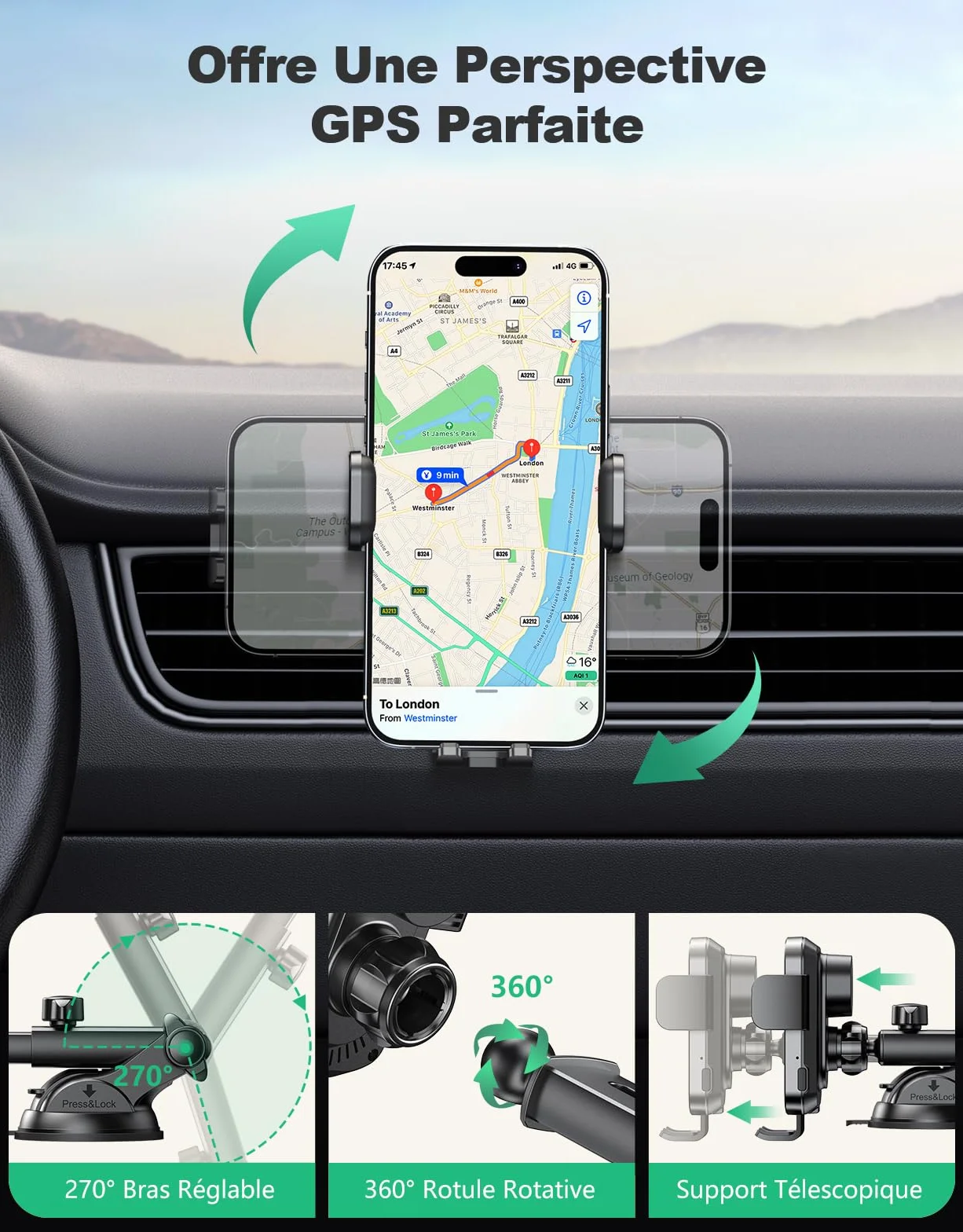 Glangeh 15W Support Telephone Voiture Induction, [Serrage Automatique] Chargeur Induction Voiture sans Fil Rapide [Ventouse Militaire], Compatible avec iPhone 17/16/15 Pro Max, Galaxy S24+/S23 Ultra