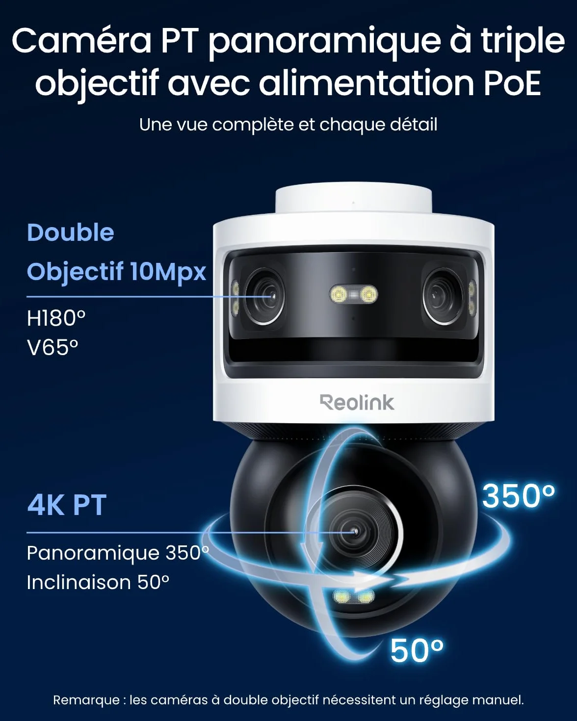 Reolink Camera Exterieur Filaire 10Mpx + 8Mpx à Triple Objectif, Caméra PoE avec Suivi-Synchro, Recherche Vidéo IA, Vision Nocturne Couleur et Infrarouge, Enregistrement 24h/24, OMVI 3i PoE