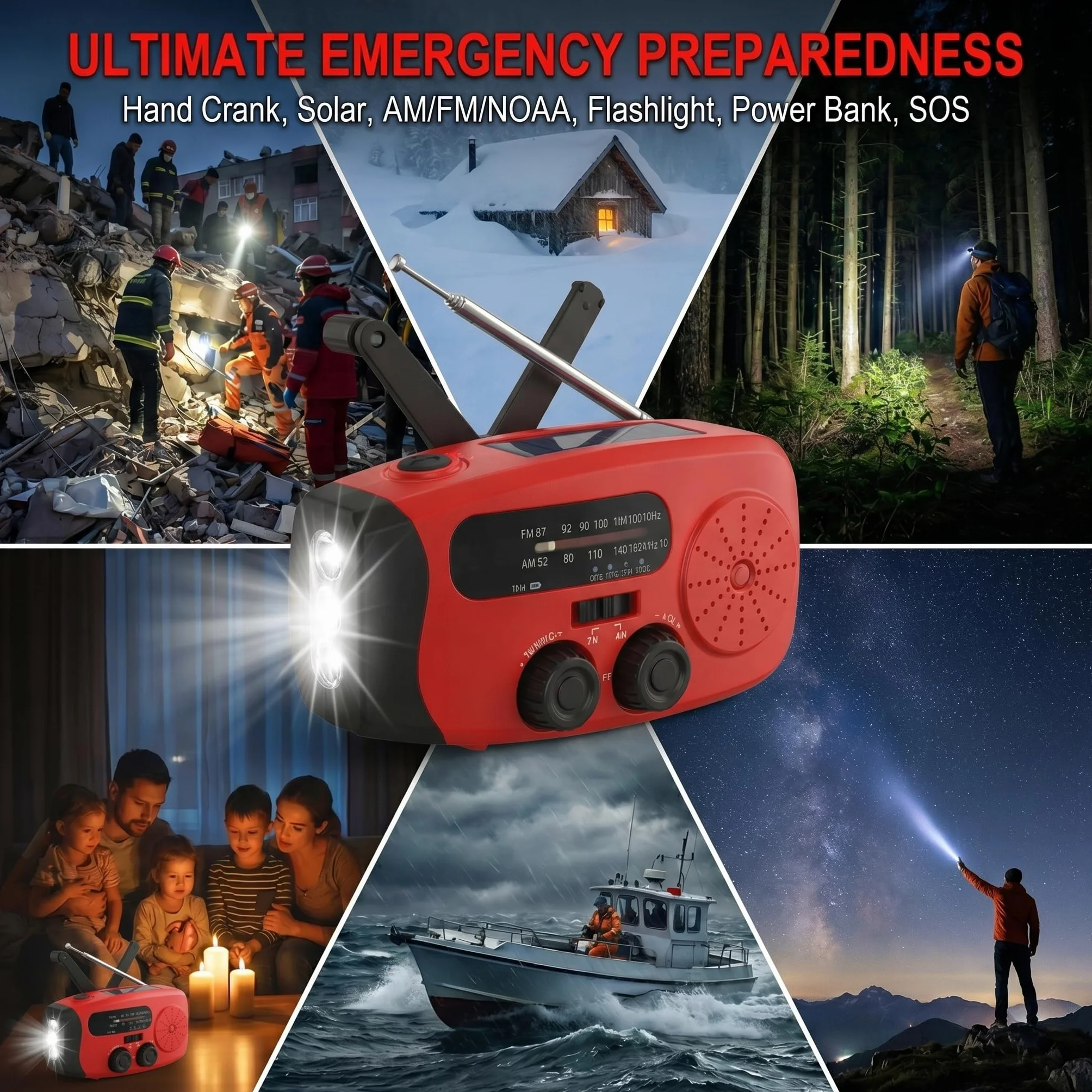 Notfunk Radio Portable d'urgence à Manivelle, 3 Lampes LED, Alarme SOS, Power Bank 2000mAh, Camping en Plein Air, Prévention d'urgence à la Maison, Rouge
