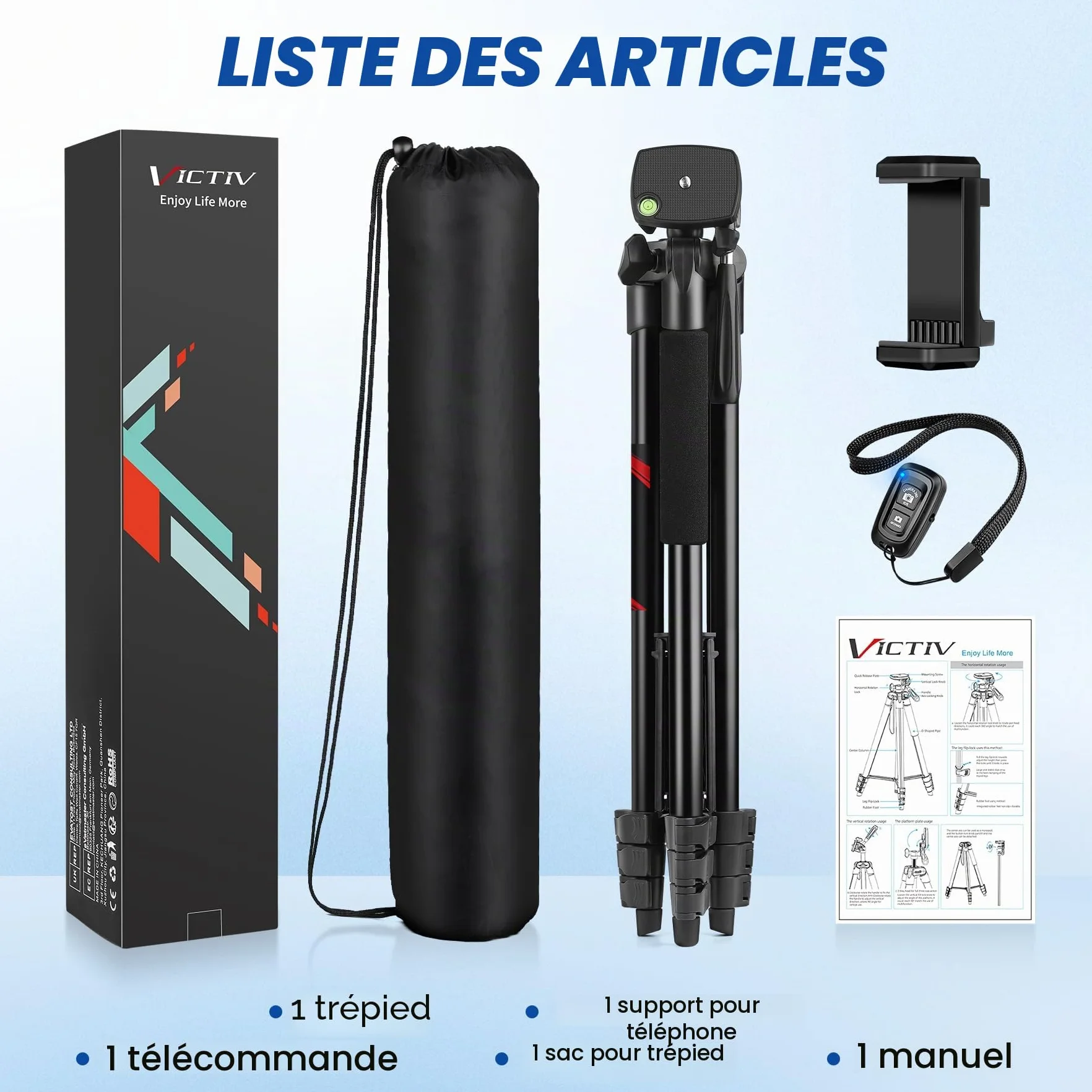 Victiv 162cm Nouveau Trepied Smartphone, Trépied Téléphone en Aluminium pour iPhone, Samsung, Huawei, avec Télécommande & Support, Portable Trépied Appareil Photo pour DSLR Caméra, Canon, Nikon, Sony