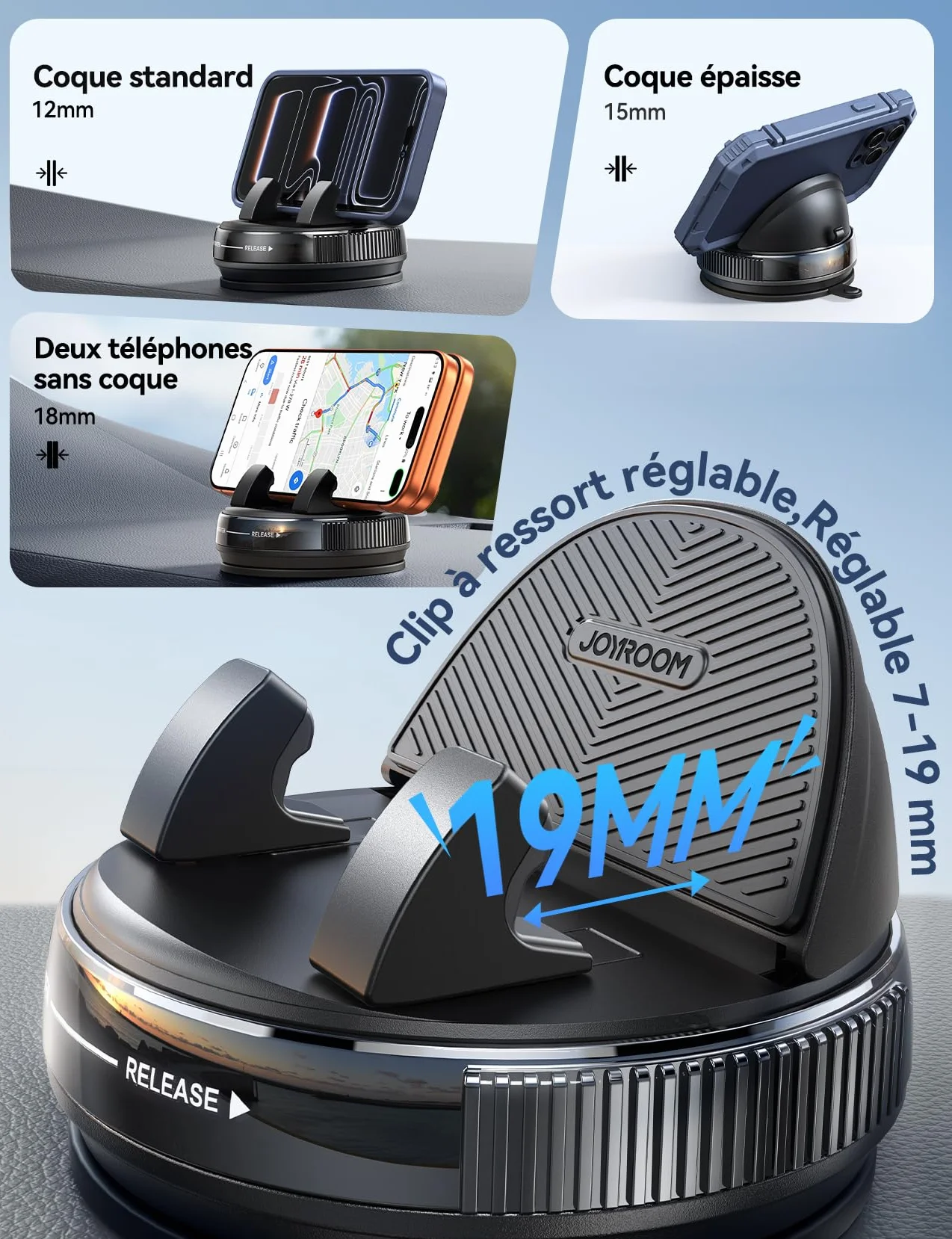 JOYROOM Support Téléphone Voiture Tableau de Bord [Gel & Ventouse] Porte Telephone Voiture Compatible avec Coques jusqu'à 19 mm, Car Phone Holder pour iPhone/Samsung/Google/Android Smartphones