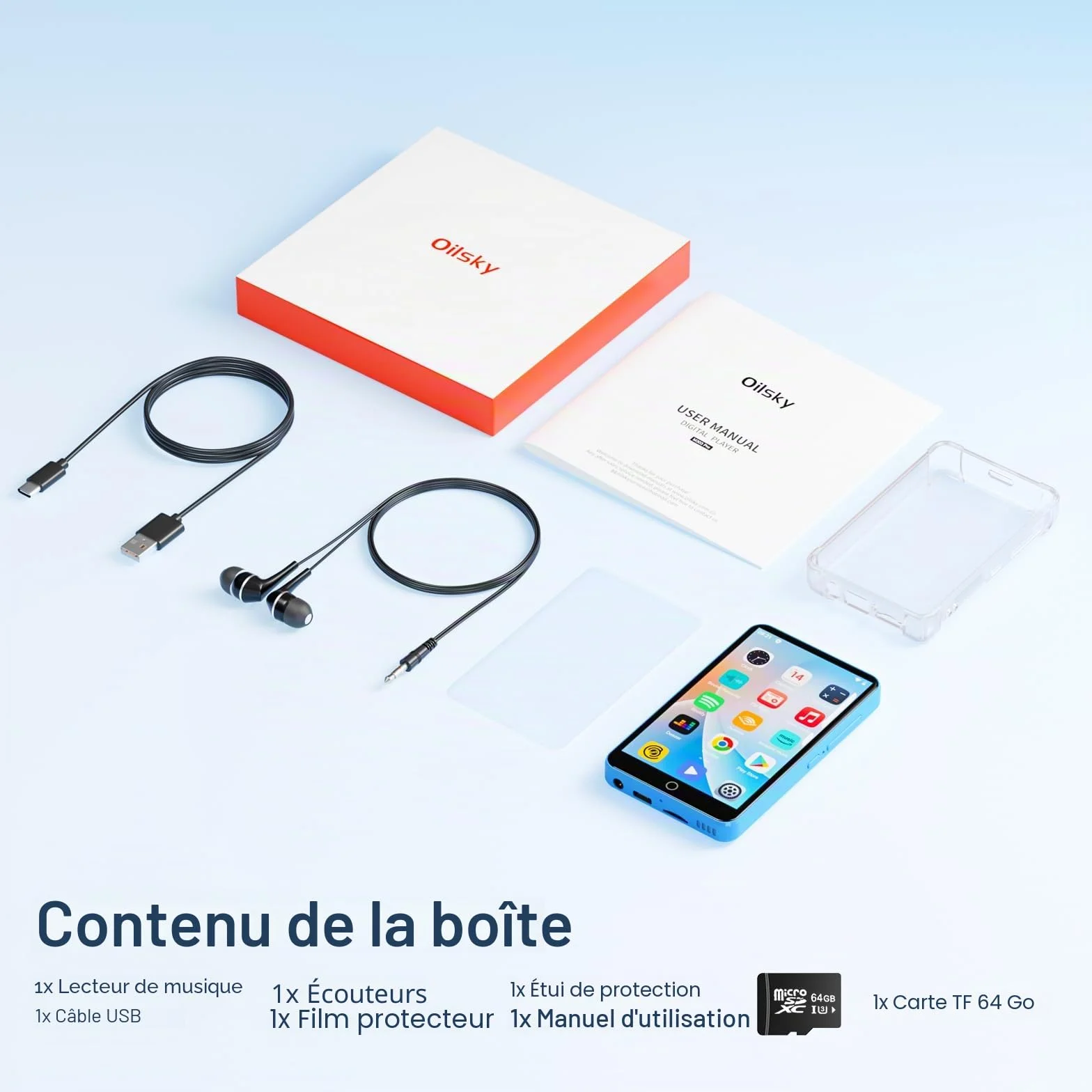 Oilsky Lecteur MP3 Bluetooth WiFi 80GB 4" 1080P Tactile Android 9.0 Portable Spotify Audible Deezer Bleu