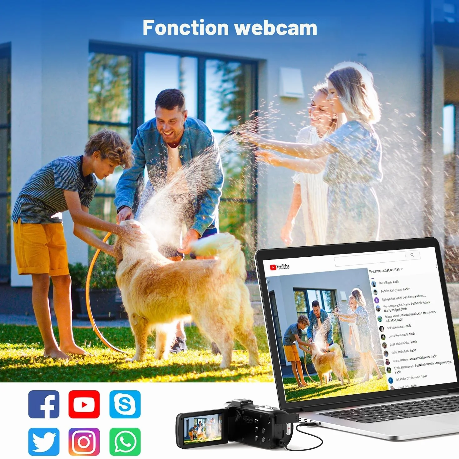 Caméscope 4K 42MP avec Zoom 18x Écran Rotatif 3 Pouces 270° Lumière LED Fonction Webcam 2 Batteries Carte SD 32GB Télécommande