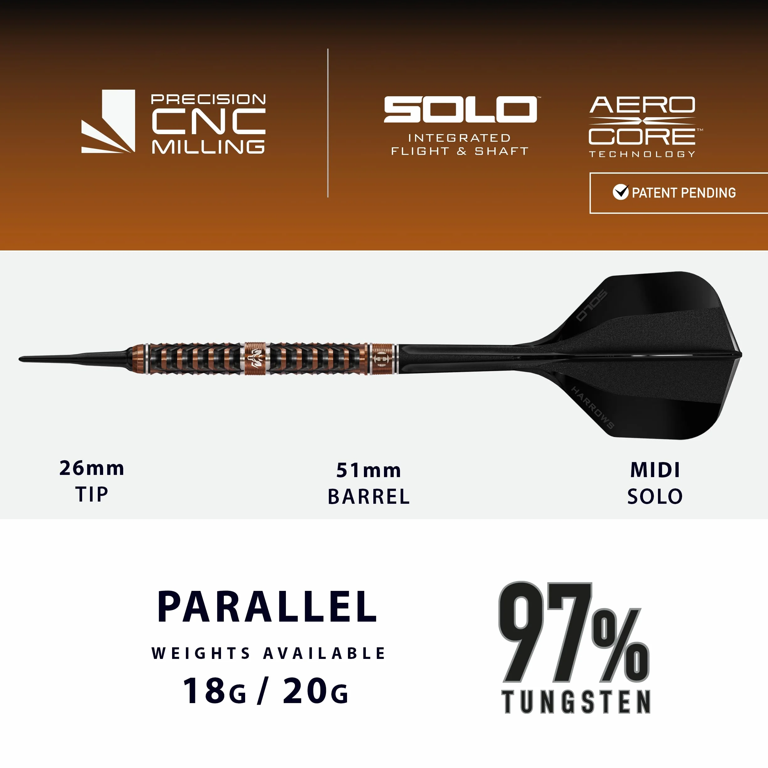 Fléchettes Harrows Wolfram Trinity 97% tungstène pointe souple CNC TiN bronze Quick Point Solo 18 g